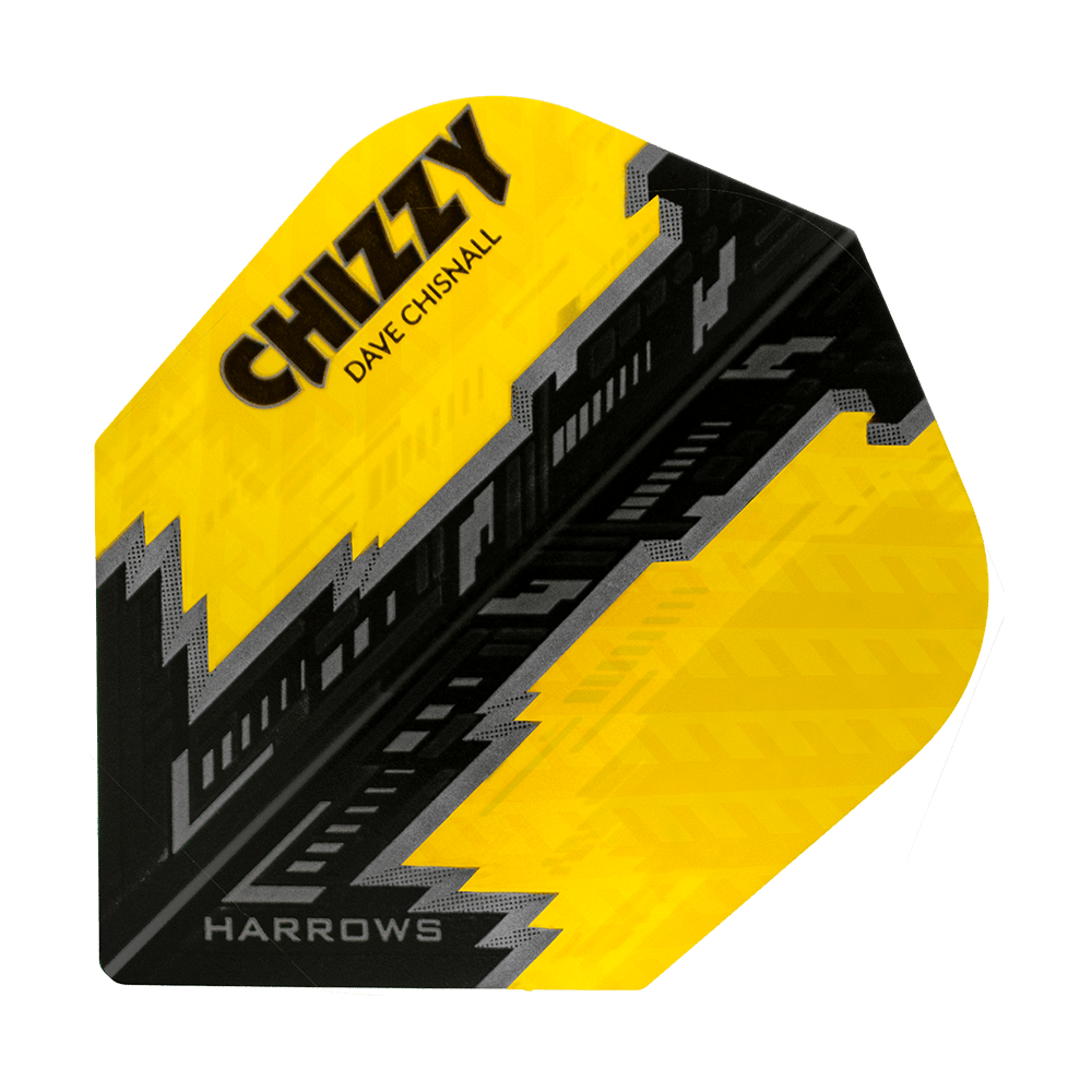 HR7531_Harrows_Dave_Chisnall_Prime_Gelb_Schwarz_No6_Flights_1 Das Bild zeigt ein Dart-Flight mit gelbem und schwarzem Design. Auf dem Flight stehen die Aufschriften "CHIZZY", "DAVE CHISNALL" und "HARROWS".