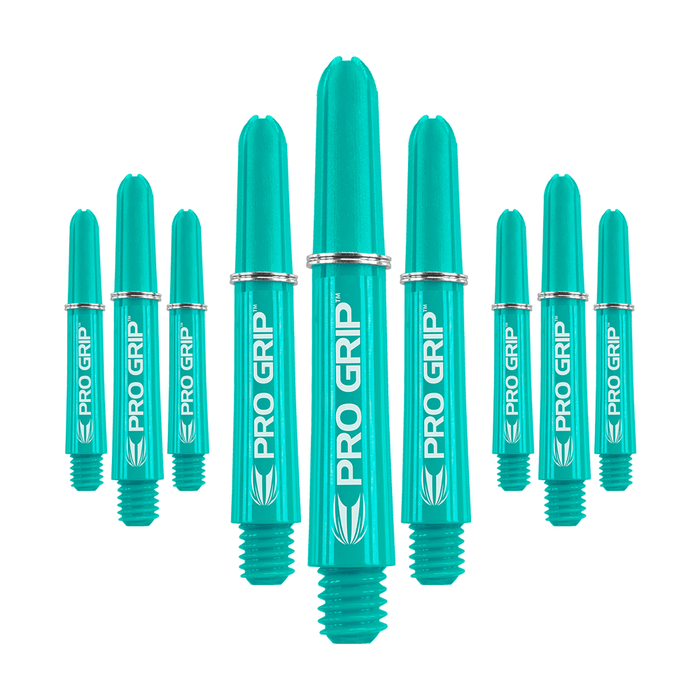 Target Pro Grip Shafts - 3 sady - Aqua Das Bild zeigt neun türkisfarbene Dartschäfte mit der Aufschrift "PRO GRIP". Die Schäfte sind in einer Gruppe angeordnet und haben silberne Ringe.