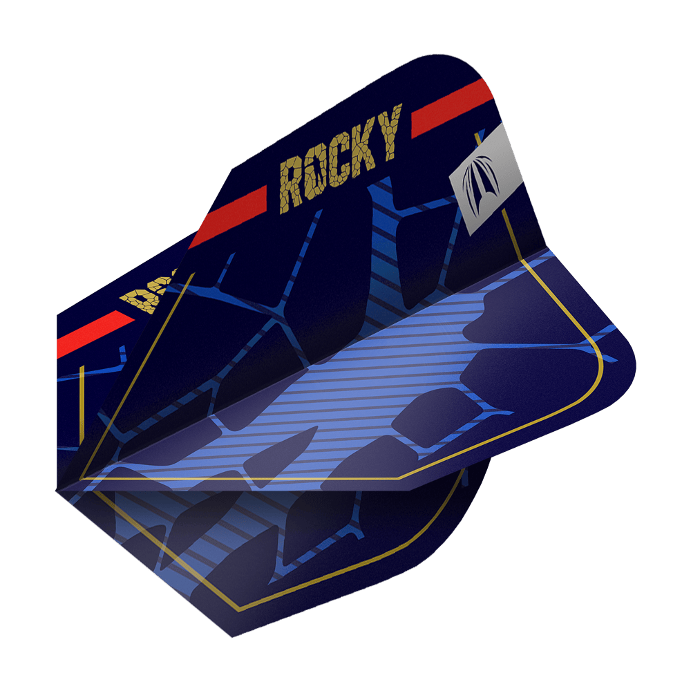 Letky Target Pro Ultra Josh Rock GEN1 Ten-X - 3 sady Das Bild zeigt ein Set von blauen Dart-Flights mit dem Aufdruck "ROCKY" in goldener Schrift. Die Flights haben ein modernes Design mit blauen Linien und einem roten Streifen am oberen Rand.