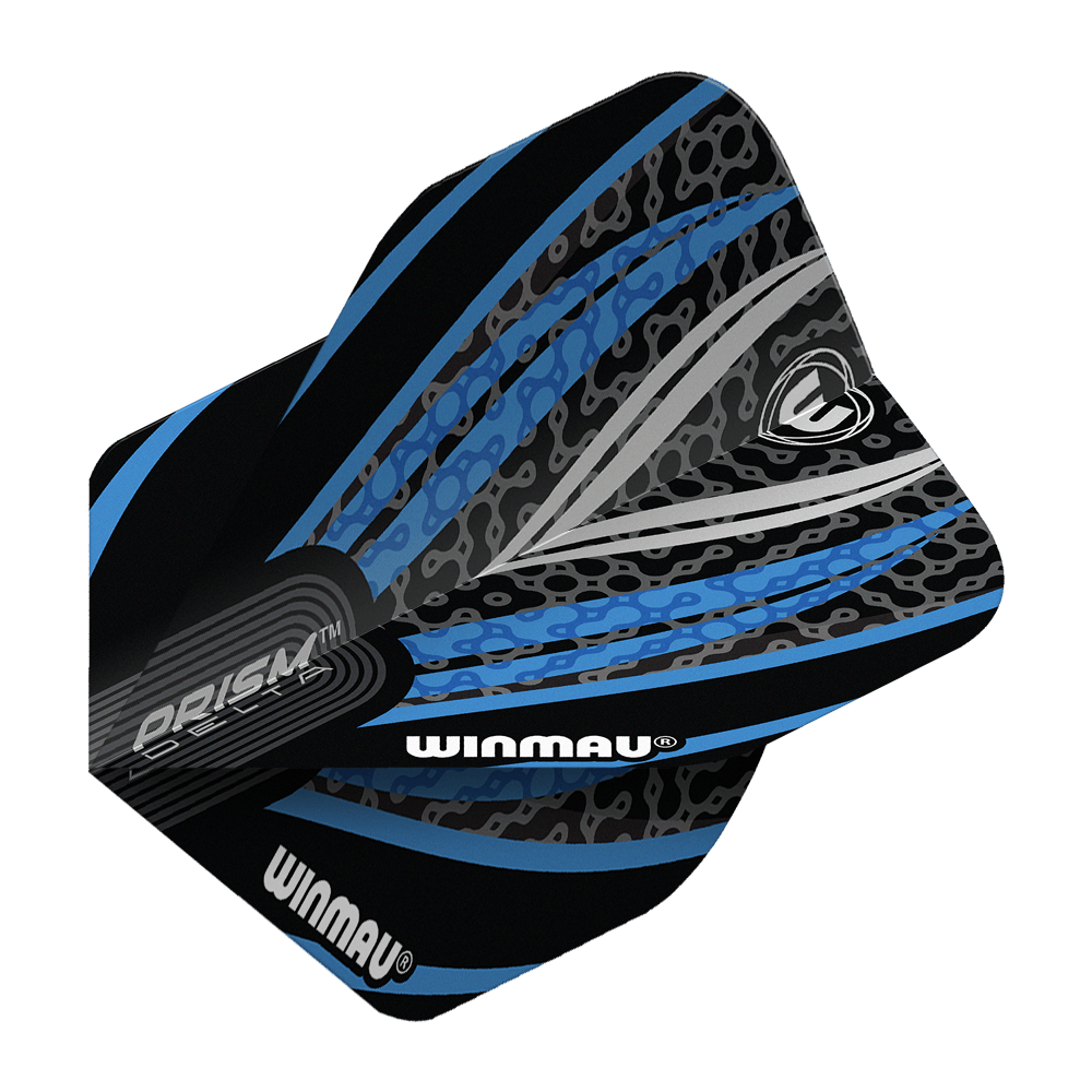 Letky Winmau Prism Delta černá bílá modrá č. 2 standardní Das Bild zeigt ein Winmau Prism Delta Standard Dartflight in den Farben Schwarz, Weiß und Blau. Das Flight hat ein modernes, grafisches Design mit dem Winmau-Logo und auffälligen Mustern.