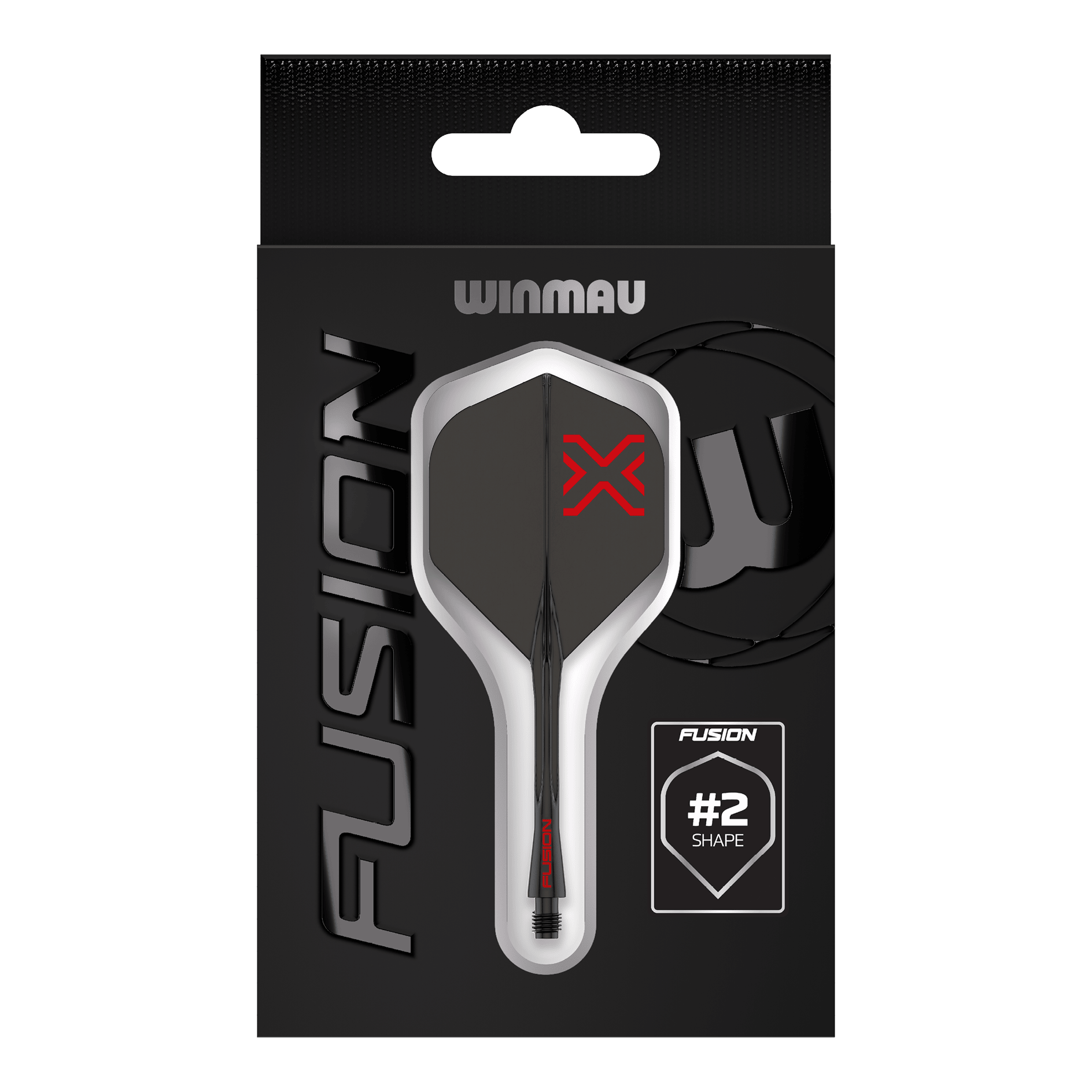 Das Bild zeigt das Winmau Fusion Blade X No2 Standard Flight-Shaft-System in Schwarz. Es verbindet ein Flight mit einem Schaft in elegantem, schwarzem Design.