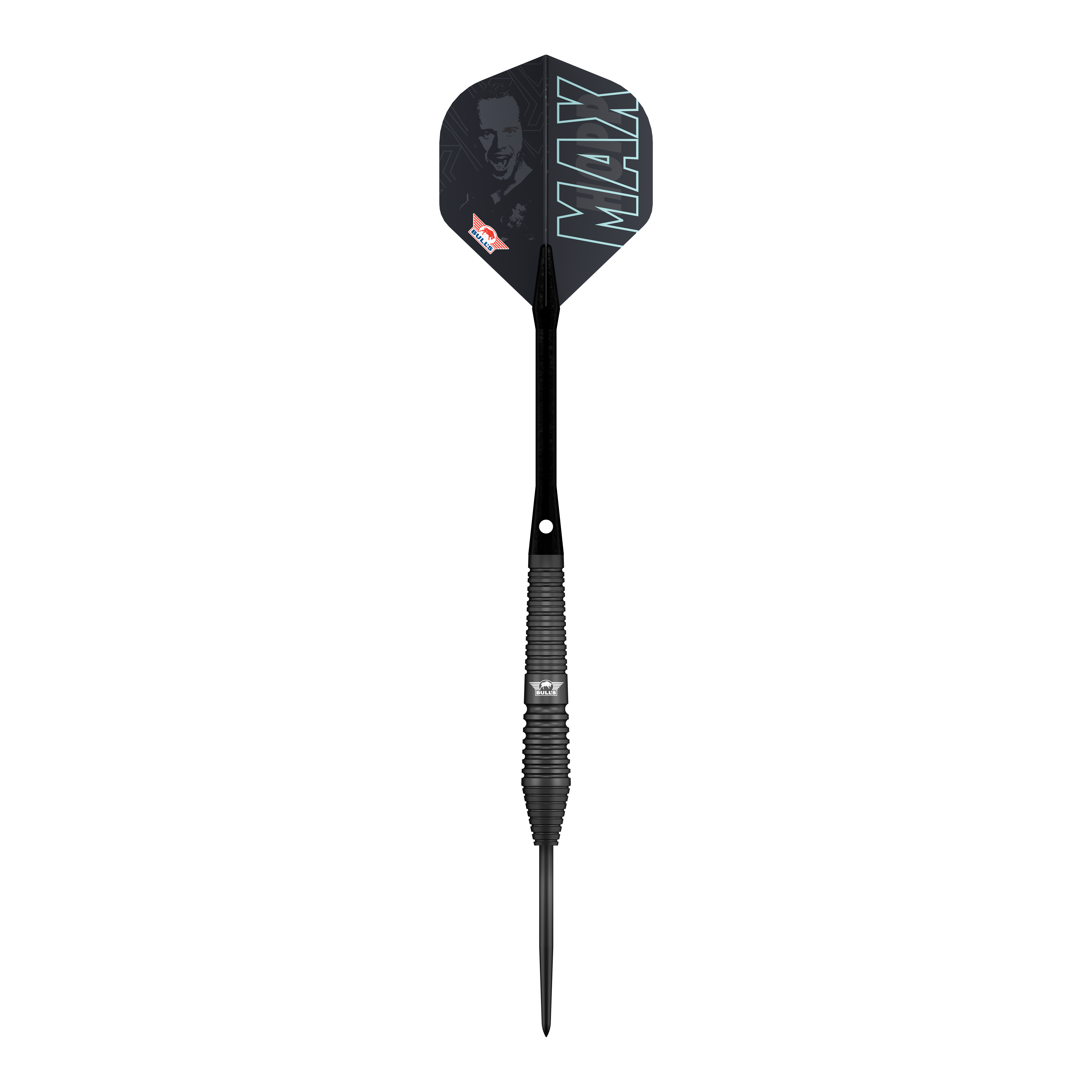Die Bulls NL Max Hopp Black Steeldarts werden gezeigt. Die Darts sind als Set auf einem einfachen Hintergrund abgebildet.