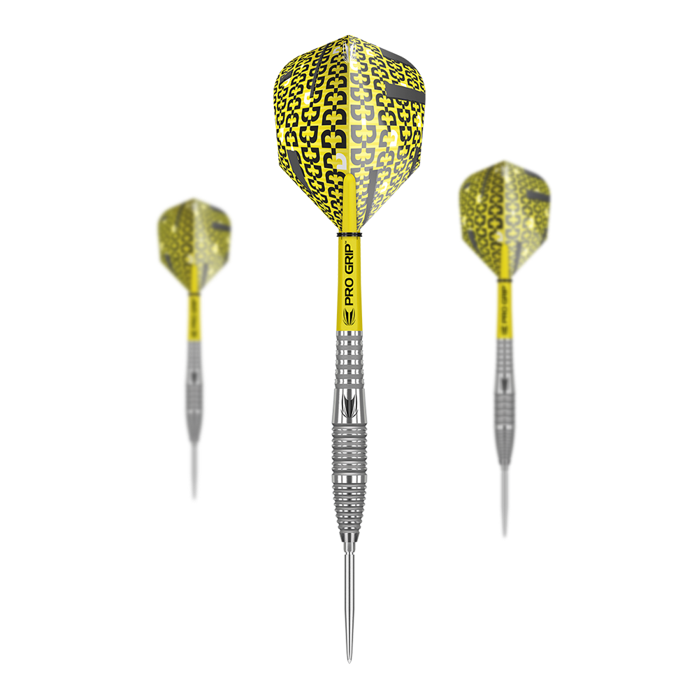 Ocelové šipky Target Bolide 05 Swiss Point Das Bild zeigt drei Target Bolide 05 Swiss Point Steeldarts mit gelben Flights und silbernen Spitzen. Die Darts haben auffällige Pro Grip Schäfte und ein modernes Design.