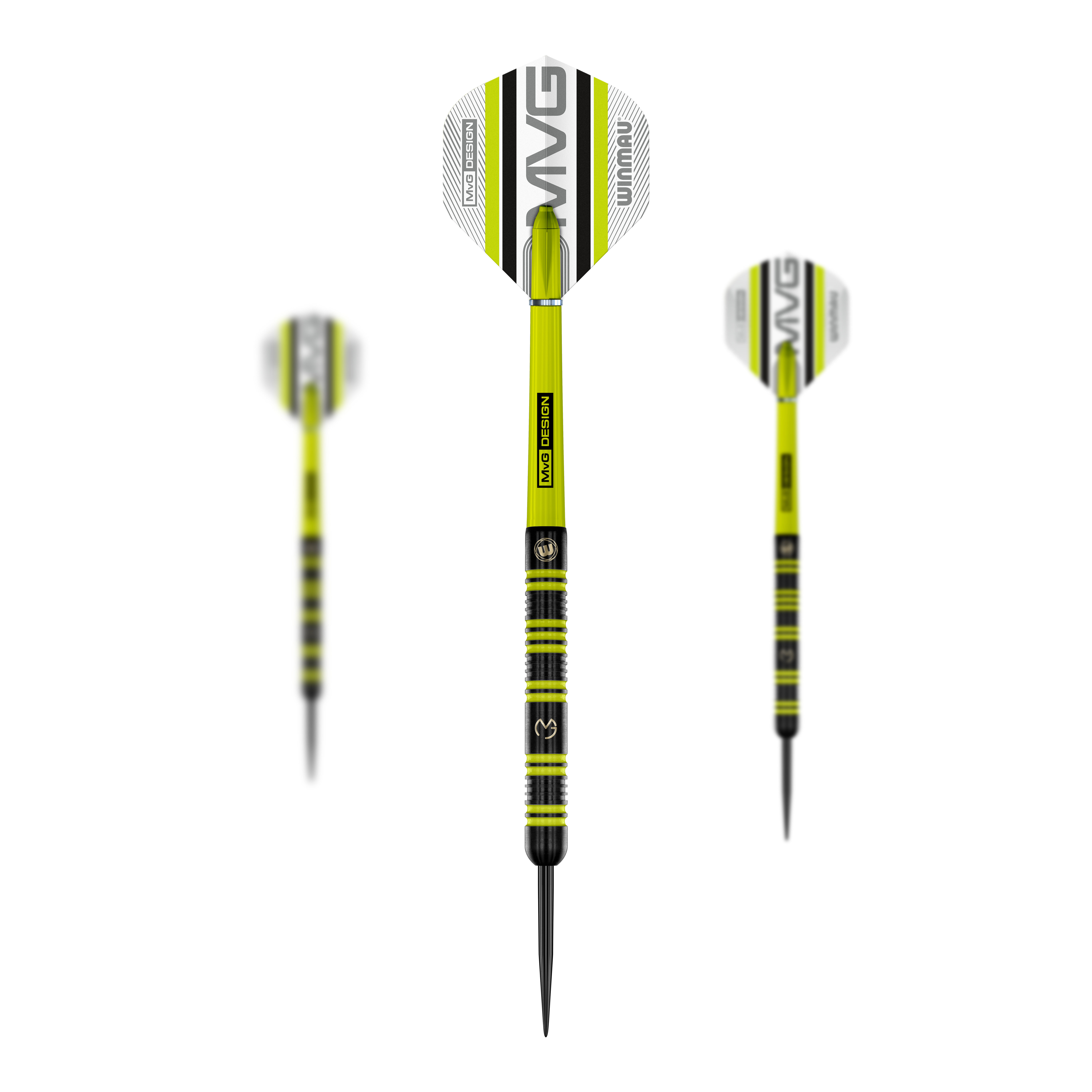 Ocelové šipky Winmau Michael Van Gerwen 85 Pro-Series Das Bild zeigt drei Winmau Michael Van Gerwen 85 Pro-Series Steeldarts. Die Darts sind schwarz-gelb gestaltet und haben Flights mit dem Schriftzug "MVG" und "Winmau".