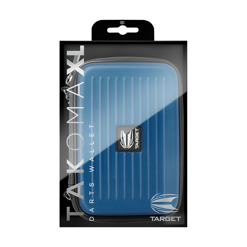 125829_Target_Takoma_XL_Dartwallet_Blau_3 Das Bild zeigt das Produkt "Target Takoma XL Dartwallet" in einer Verpackung. Das Dartwallet ist blau und hat ein modernes Design mit Rillen auf der Oberfläche.