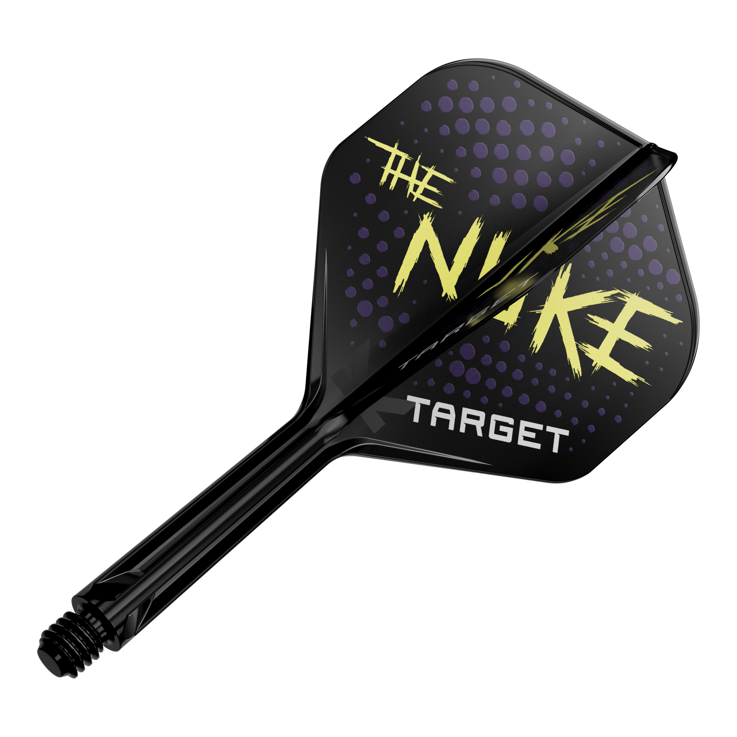 Standardní letový systém Target K-Flex Luke Littler Black No2 Das Bild zeigt einen schwarzen Dartflight mit dem Schriftzug "THE NUKE" und "TARGET" darauf. Der Hintergrund des Flights ist mit lila Punkten verziert.