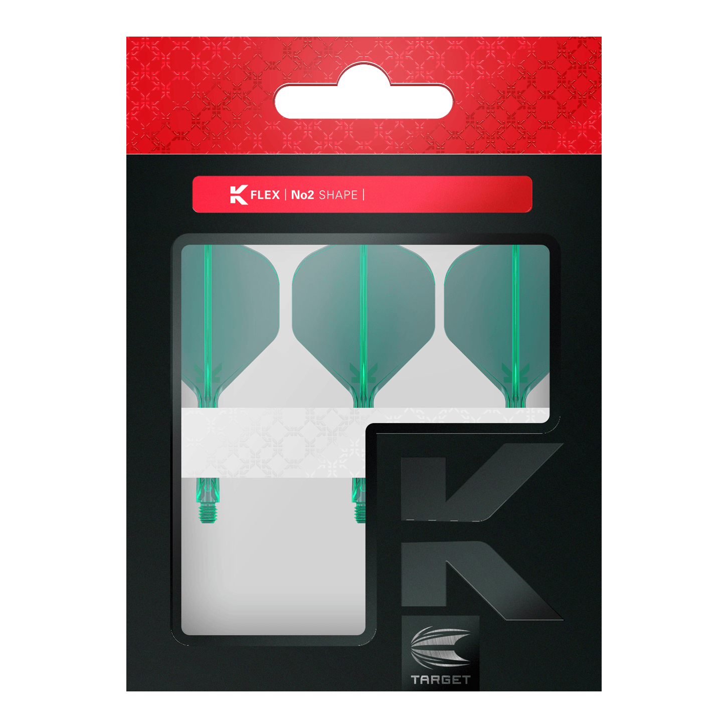 Standardní letový systém Target K-Flex No2 - zelený Dies ist eine Packung mit drei grünen Dartflights der Marke Target. Die Verpackung ist schwarz mit einem roten oberen Rand und einem Sichtfenster.