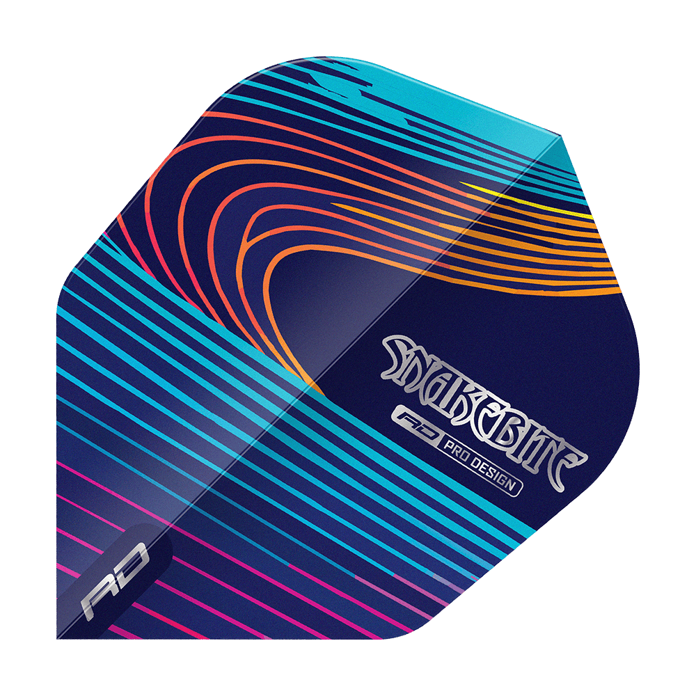 Letky Red Dragon Peter Wright Snakebite Multi No6 Das Bild zeigt einen bunten Dartflight mit geschwungenen Linien in Blau, Lila, Orange und Gelb. Auf dem Flight steht der Schriftzug "Snakebite" sowie "RD Pro Design".