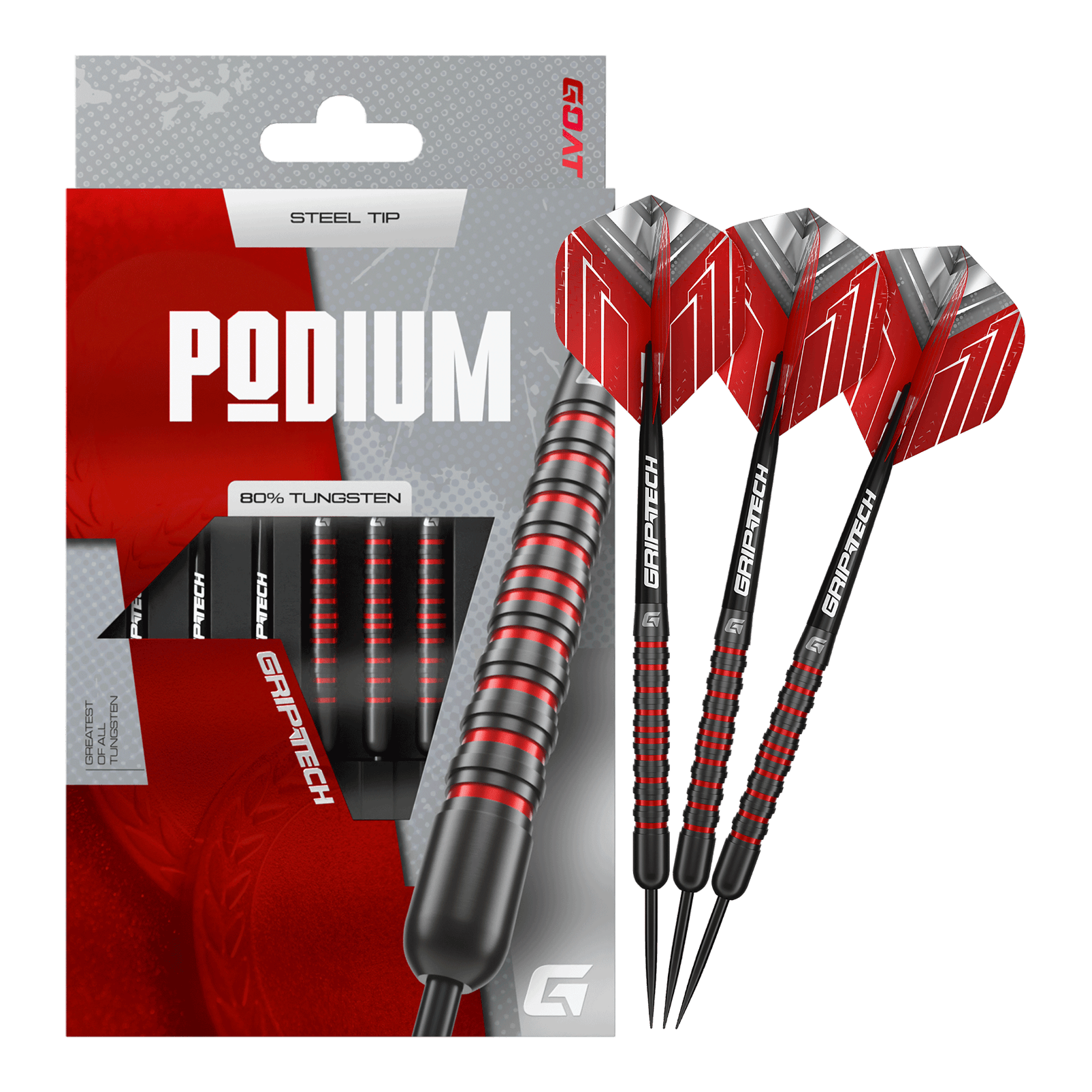 Das Bild zeigt die GOAT Podium Black Steeldarts. Dies sind hochwertige schwarze Steeldarts für den professionellen Einsatz.