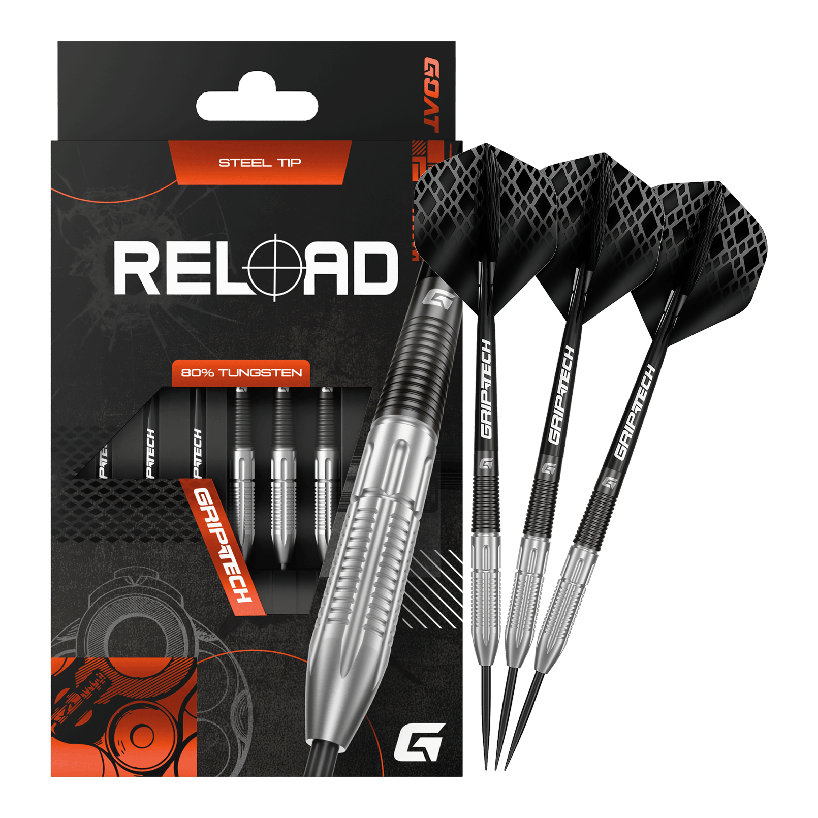 Auf dieser Aufnahme sind die GOAT Reload Steeldarts abgebildet. Es handelt sich um hochwertige Steeldarts für das Dartspiel.