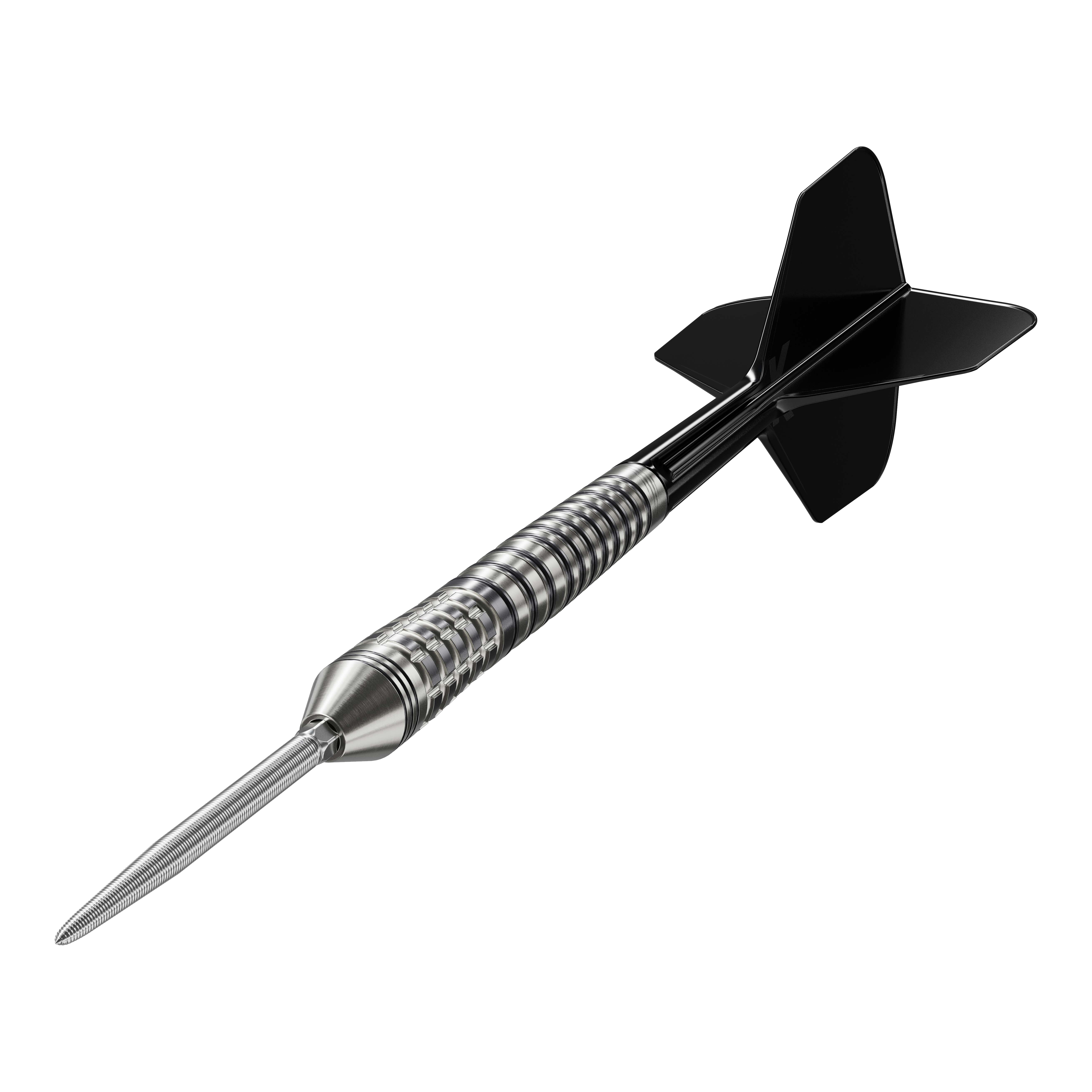 Das Bild zeigt einen Target Black Marque Renegade 4 Swiss Point Steeldart. Der Dartpfeil hat eine silberne, gerillte Spitze und schwarze Flights.