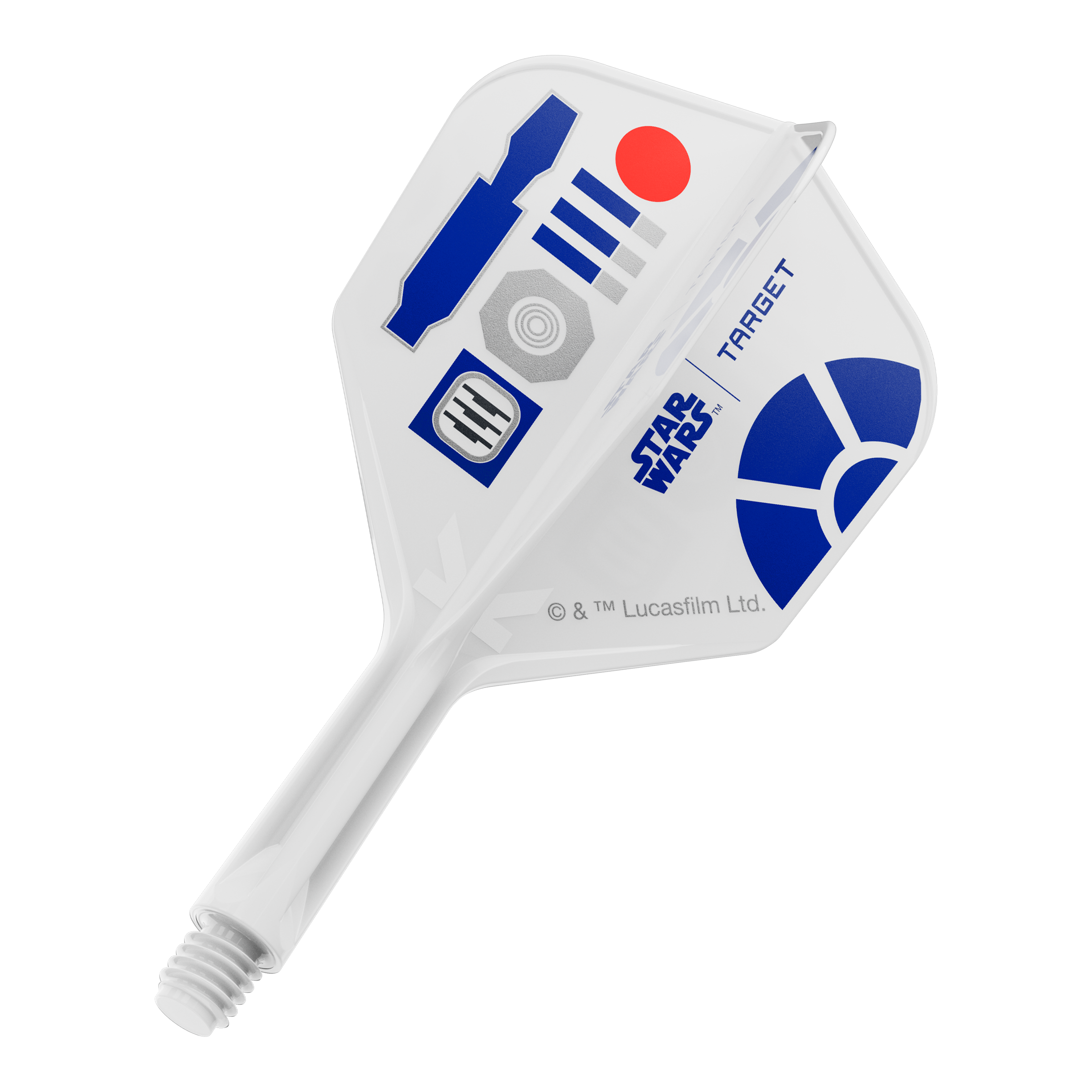 Lety Target Star Wars K-Flex R2D2 č. 6 Das Bild zeigt Dart-Flights mit einem R2D2 Motiv und der Bezeichnung 410510_Target_StarWars_KFlex_R2D2_No6_Flights_Short_19mm_1. Es handelt sich um kurze Dart-Flights im Star Wars Stil.