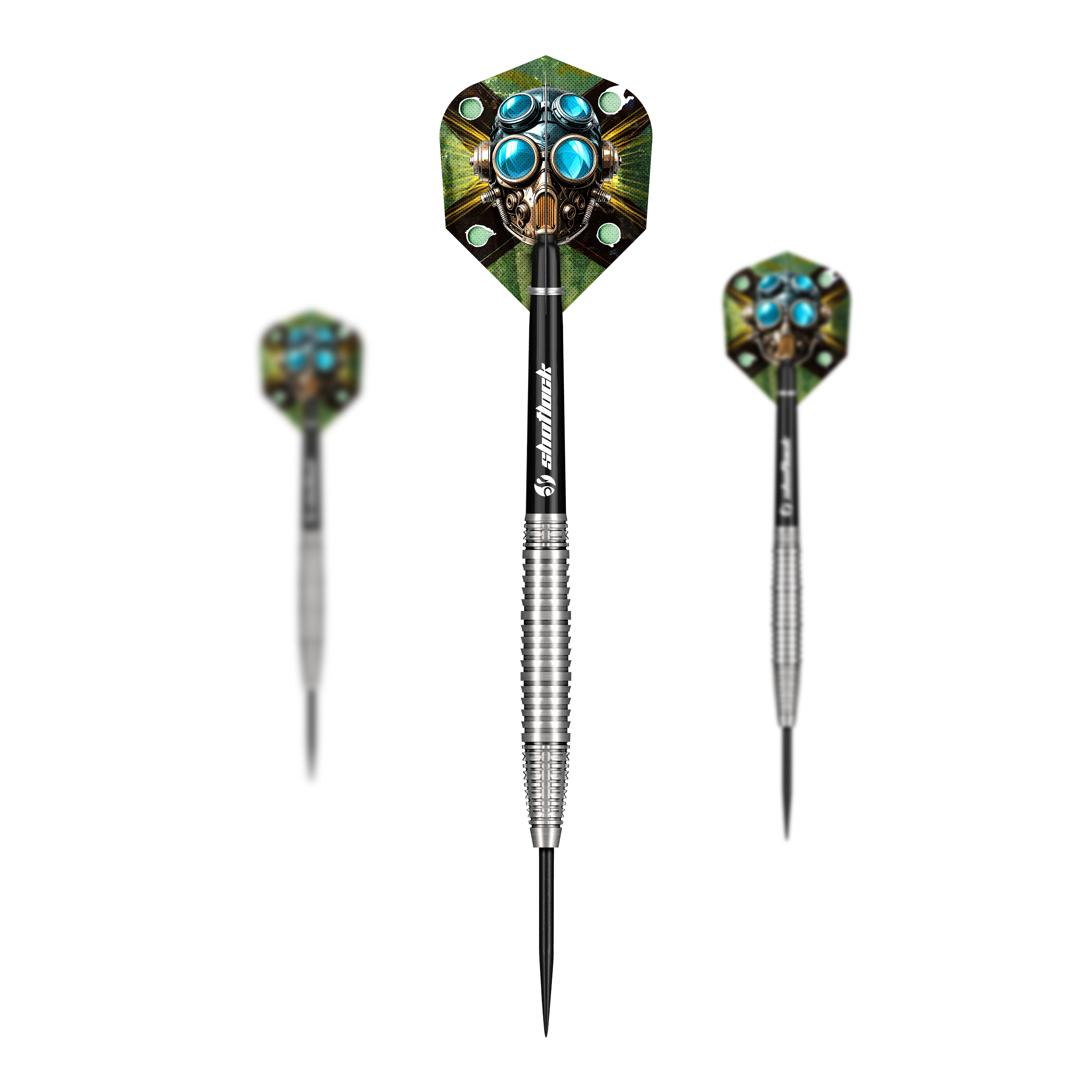 Ocelové šipky Shot Badlands Krush Hier sieht man die Shot Badlands Krush Steeldarts als Set. Das Produkt eignet sich für professionelle Dartspieler.
