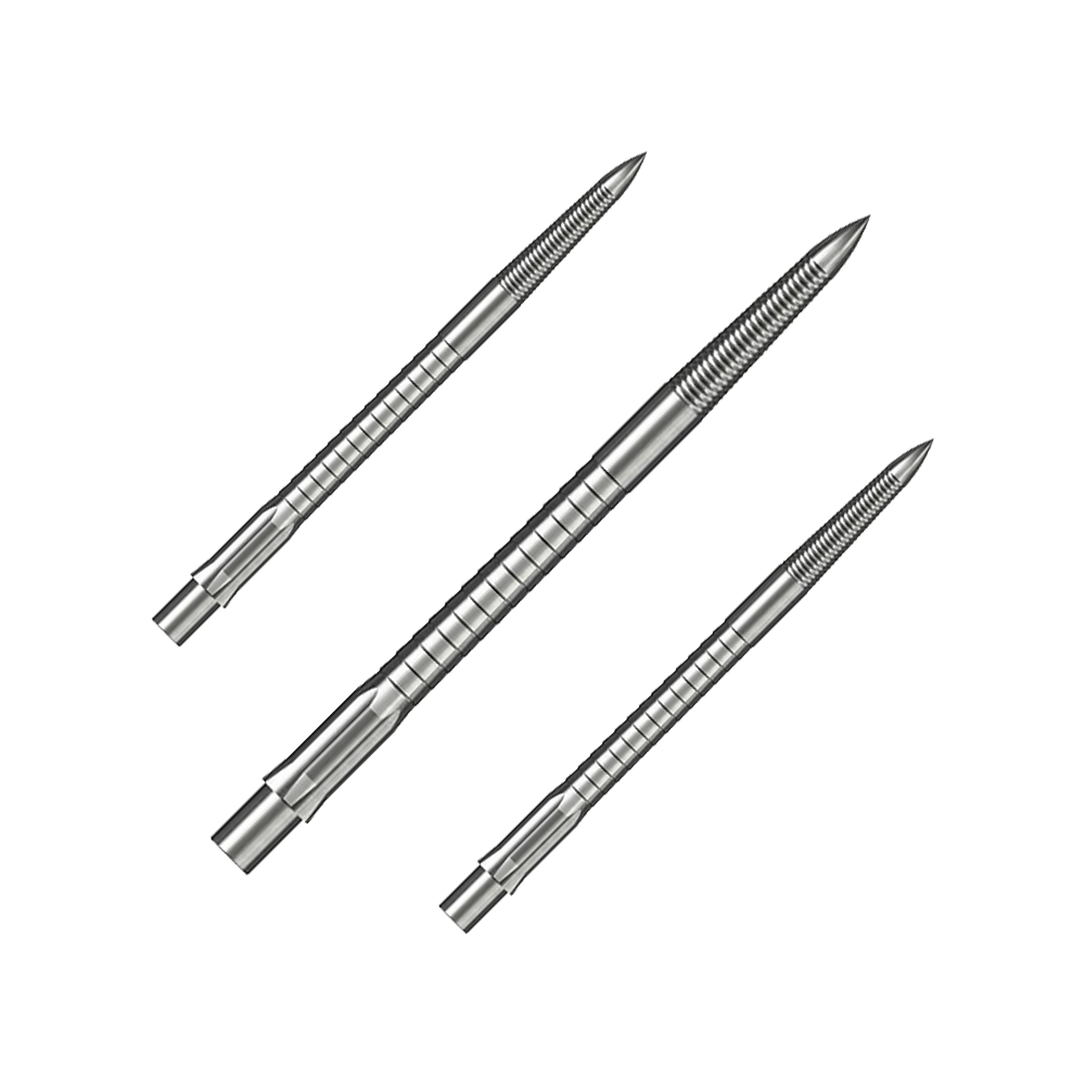Das Bild zeigt ein Set von Steeldartspitzen mit Micro Grip, Silber, 40mm. Die Spitzen sind geordnet auf einem weißen Hintergrund angeordnet.