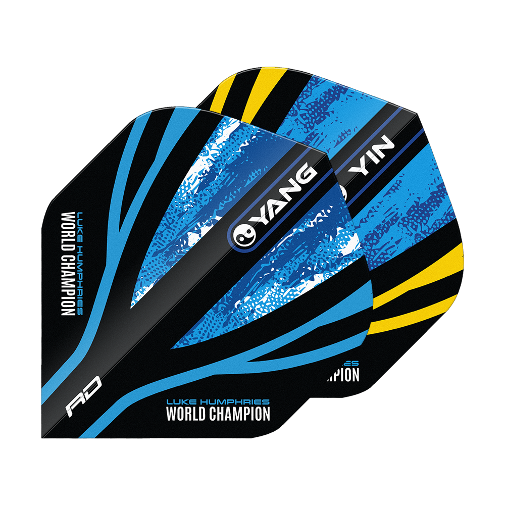 Mistr světa Red Dragon Luke Humphries, Blue Gold, Yin Yang Standard Flights Das Bild zeigt die "Red Dragon Luke Humphries World Champion Blue Gold Yin Yang Standard Flights". Die Flights sind in Blau, Schwarz und Gelb gestaltet und tragen die Aufschrift "World Champion" sowie "YIN" und "YANG".