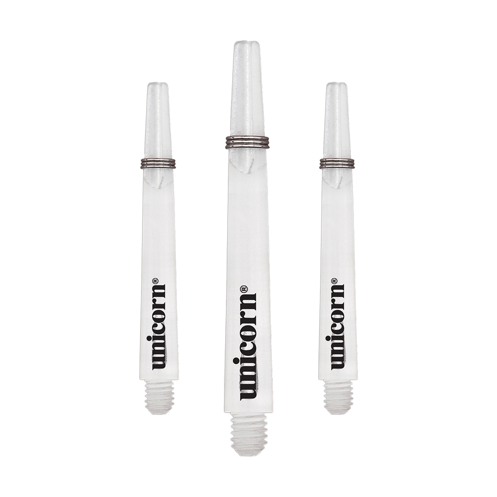 Unicorn Gripper 3 Mirage šachty - čiré - 44,2 mm Das Bild zeigt drei transparente Unicorn Gripper 3 Mirage Shafts mit einer Länge von 44,2 mm. Auf jedem Schaft steht das Wort "unicorn" in schwarzer Schrift.