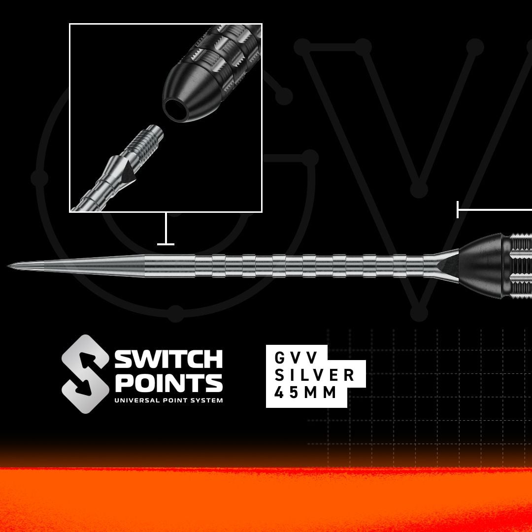 Winmau Gian Van Veen TS-PRO Switch Point Steeldarts Das Bild zeigt die Winmau Gian Van Veen TS-PRO Switch Point Steeldarts. Die Darts liegen parallel zueinander und sind komplett zu sehen.