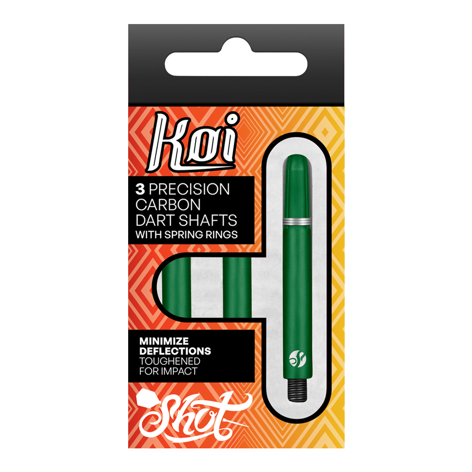 Die Verpackung zeigt drei grüne Präzisions-Carbon-Dartschäfte mit Federringen der Marke Koi. Sie sind darauf ausgelegt, Ablenkungen zu minimieren und sind für hohe Belastungen verstärkt.