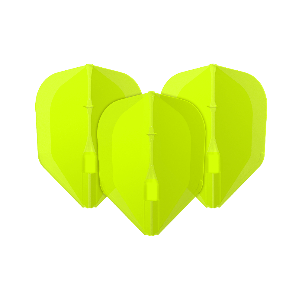 Lety L-L-Style3EZ Das Bild zeigt drei neon-gelbe Dartflights. Sie stehen nebeneinander und haben eine klassische Pfeilform.