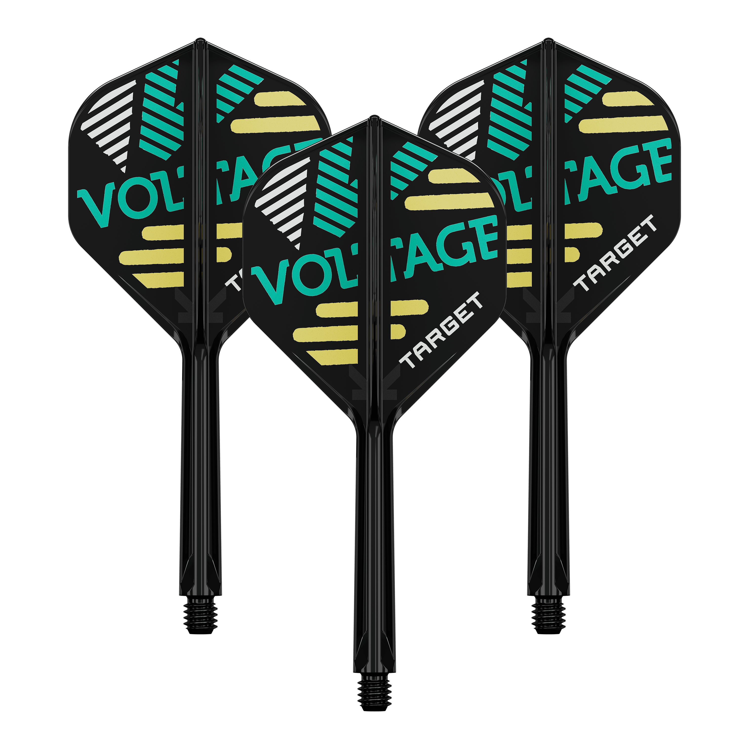 Systém standardní letové hřídele Target K-Flex Rob Cross No2 Auf dem Bild sind drei Dart-Flights mit Schäften zu sehen. Die Flights sind schwarz und tragen die Aufschrift "VOLTAGE" und "TARGET" in grüner und weißer Farbe.
