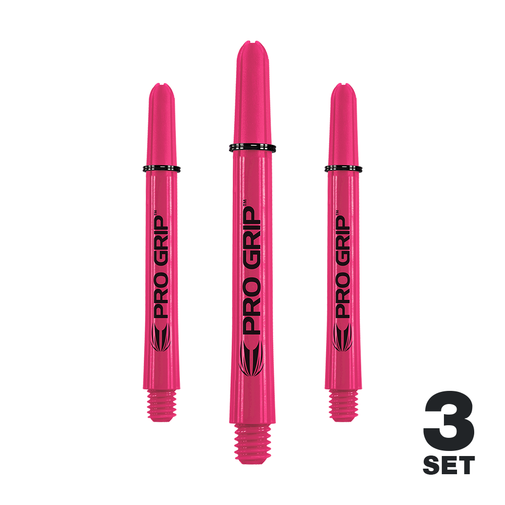 Target Pro Grip Shafts - 3 sady - Pink Das Bild zeigt drei pinke Pro Grip Shafts für Dartpfeile. In der rechten unteren Ecke steht "3 SET".