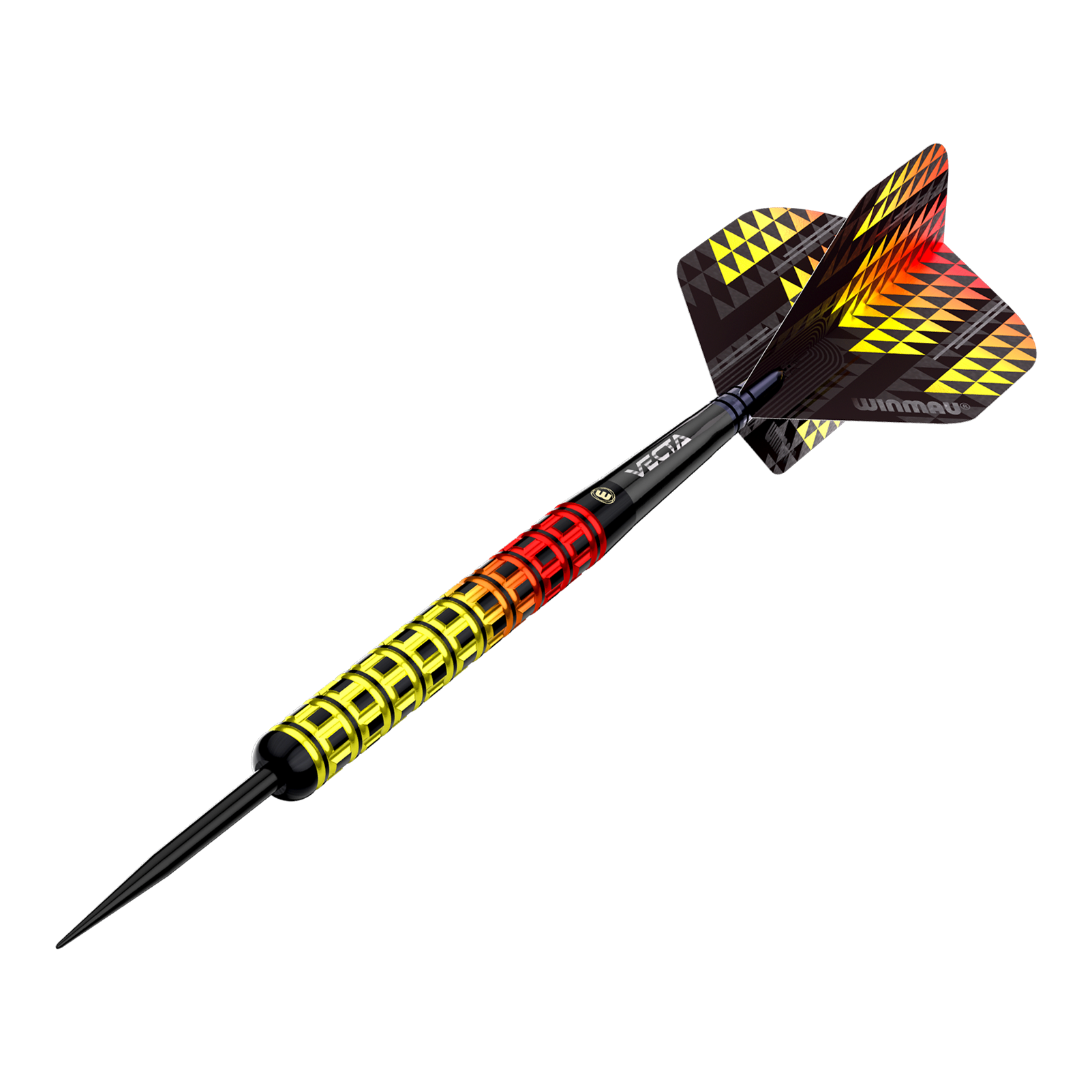 Winmau Firestorm Flame Parallel Steeldarts Das Bild zeigt einen Winmau Firestorm Flame Parallel Steeldart. Der Dart hat ein auffälliges Design mit einem Griff in Gelb, Rot und Schwarz sowie passenden Flight-Mustern.