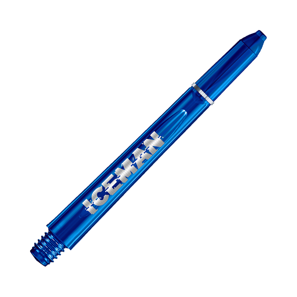 Auf dem Bild ist ein blauer Dart-Schaft mit der Aufschrift "ICEMAN" zu sehen. Es handelt sich um das Produkt "Red Dragon VRX Gerwyn Price Shafts".