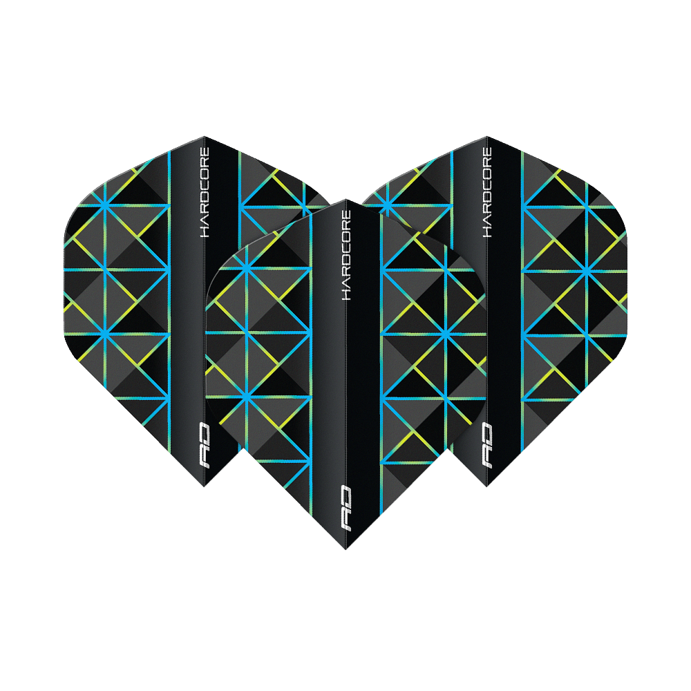 Das Bild zeigt drei Dart-Flights des Modells "Red Dragon Hardcore Dragonfly 95 No2 Standard". Die Flights sind schwarz mit blauen und gelben geometrischen Linienmustern gestaltet.