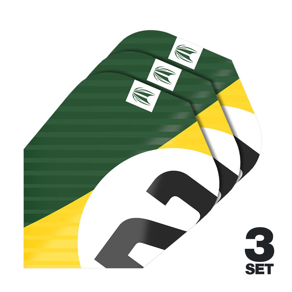 Lety Target Pro Ultra Chicane Green Ten-X – 3 sady Das Bild zeigt drei Dart-Flights im grünen, gelben und weißen Design. Unten rechts steht "3 SET", was auf drei Sets hinweist.