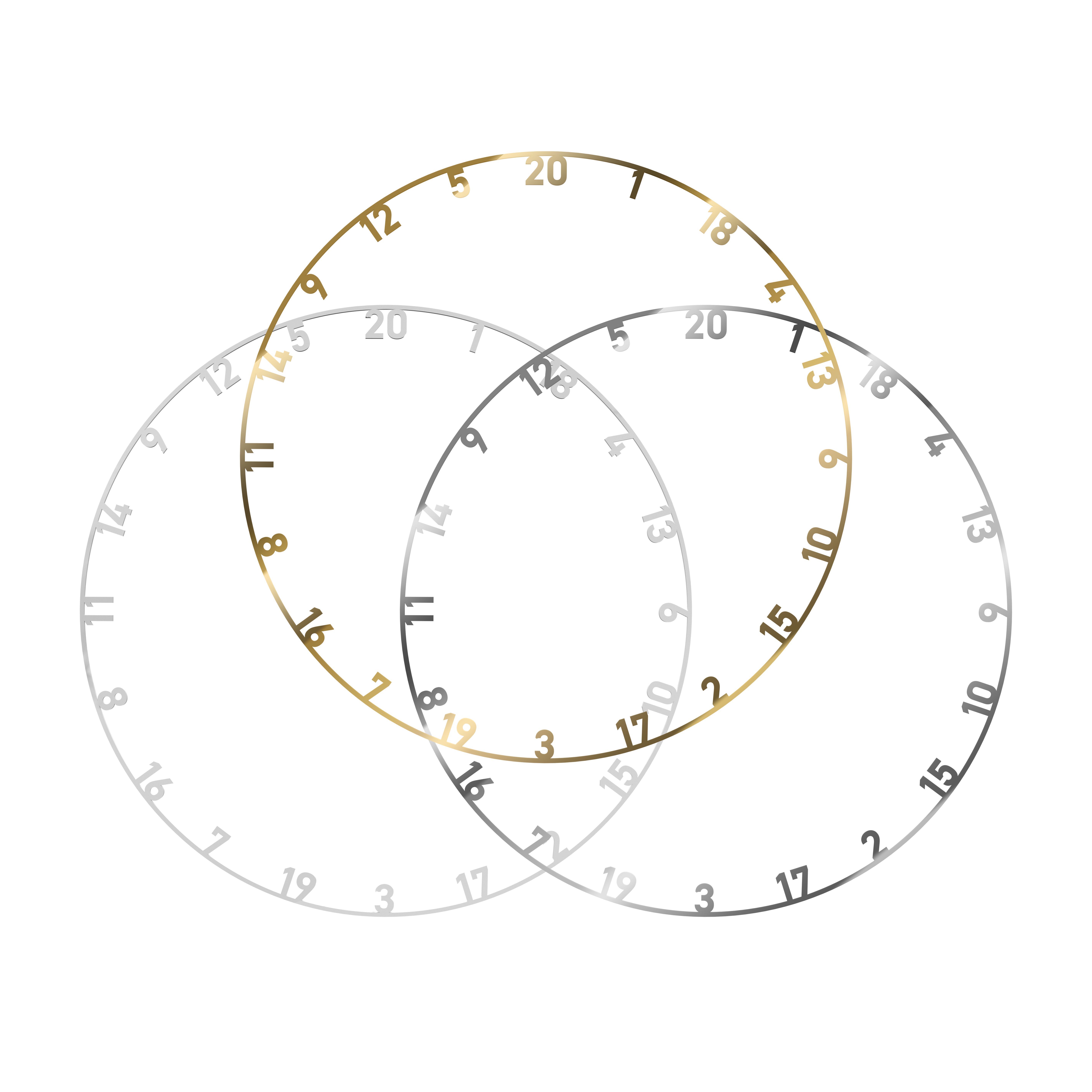 Das Bild zeigt drei Zahlenringe für ein Steeldartboard in den Farben Gold, Silber und Weiß. Die Zahlenringe sind kreisförmig und überlappen sich teilweise.