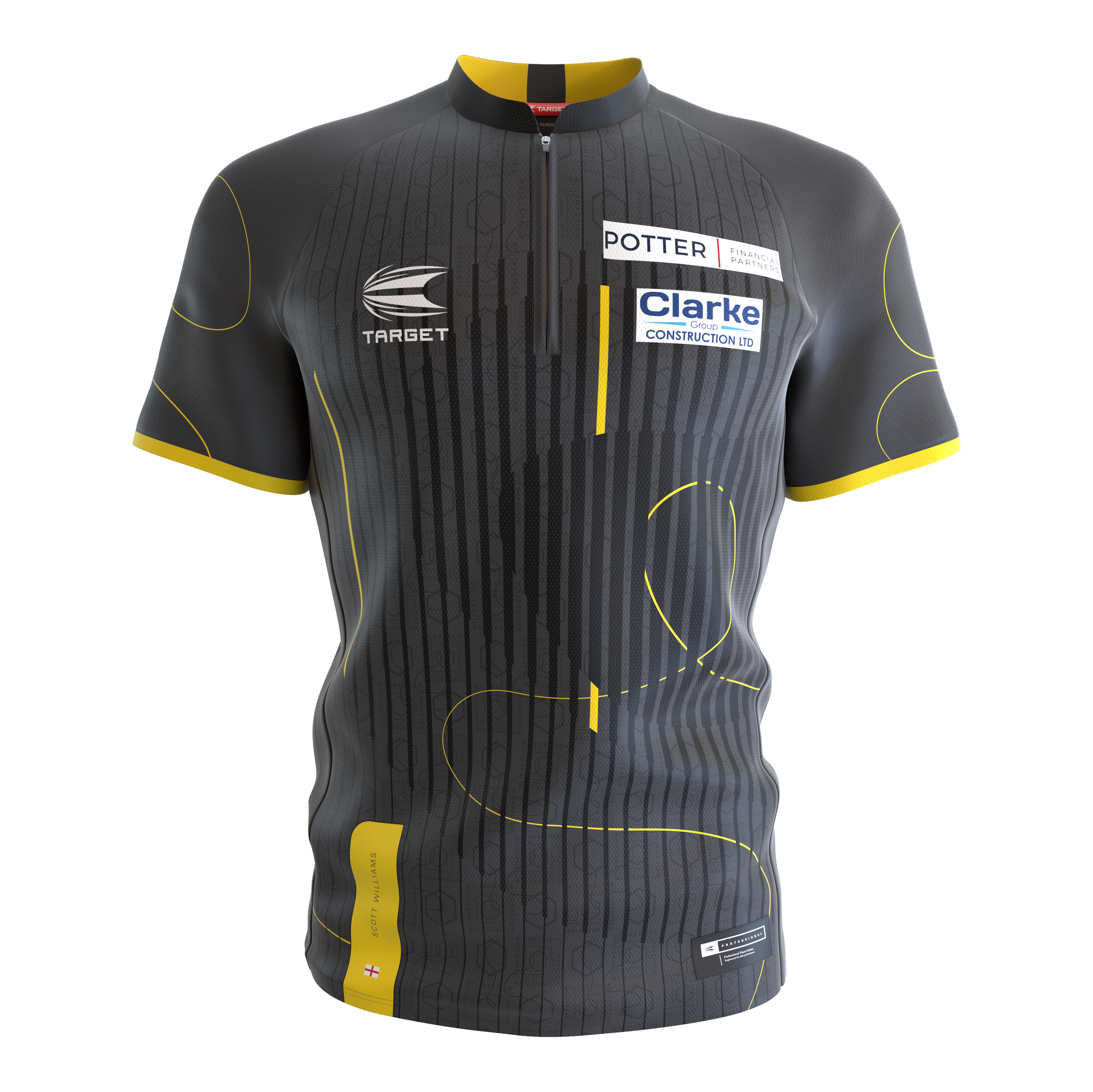 Tričko Scott Williams s potiskem Target Coolplay bez límce Das Bild zeigt ein kurzärmliges Dartshirt ohne Kragen in dunklem Grau mit gelben Akzenten. Auf dem Shirt befinden sich Sponsorenlogos sowie dezente Musterlinien.