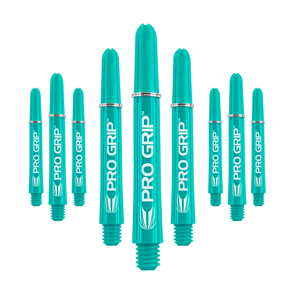 Target Pro Grip Shafts - 3 sady - Aqua Das Bild zeigt neun aqua-farbene Dartschäfte mit der Aufschrift "PRO GRIP". Sie sind in drei Reihen angeordnet und haben ein einheitliches Design.