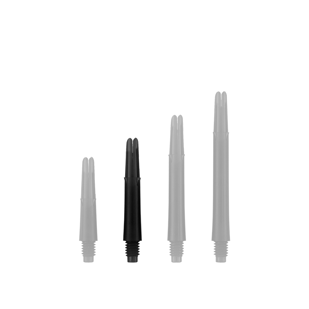 L-L-Style-Shafts Uzamčené rovné - Černé Auf dem Bild sind vier schwarze, gerade Dartschäfte in unterschiedlichen Längen zu sehen. Sie stehen nebeneinander aufrecht vor weißem Hintergrund.