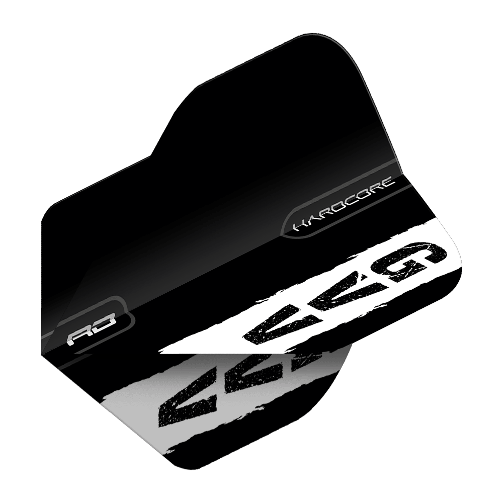 Standardní letky Red Dragon Hardcore Gian Van Veen s černým logem Das Bild zeigt einen schwarzen Dartflight mit dem weißen Logo "GVG" und dem Schriftzug "Hardcore". Es handelt sich um das Produkt "Red Dragon Hardcore Gian Van Veen Black Logo Standard Flights".