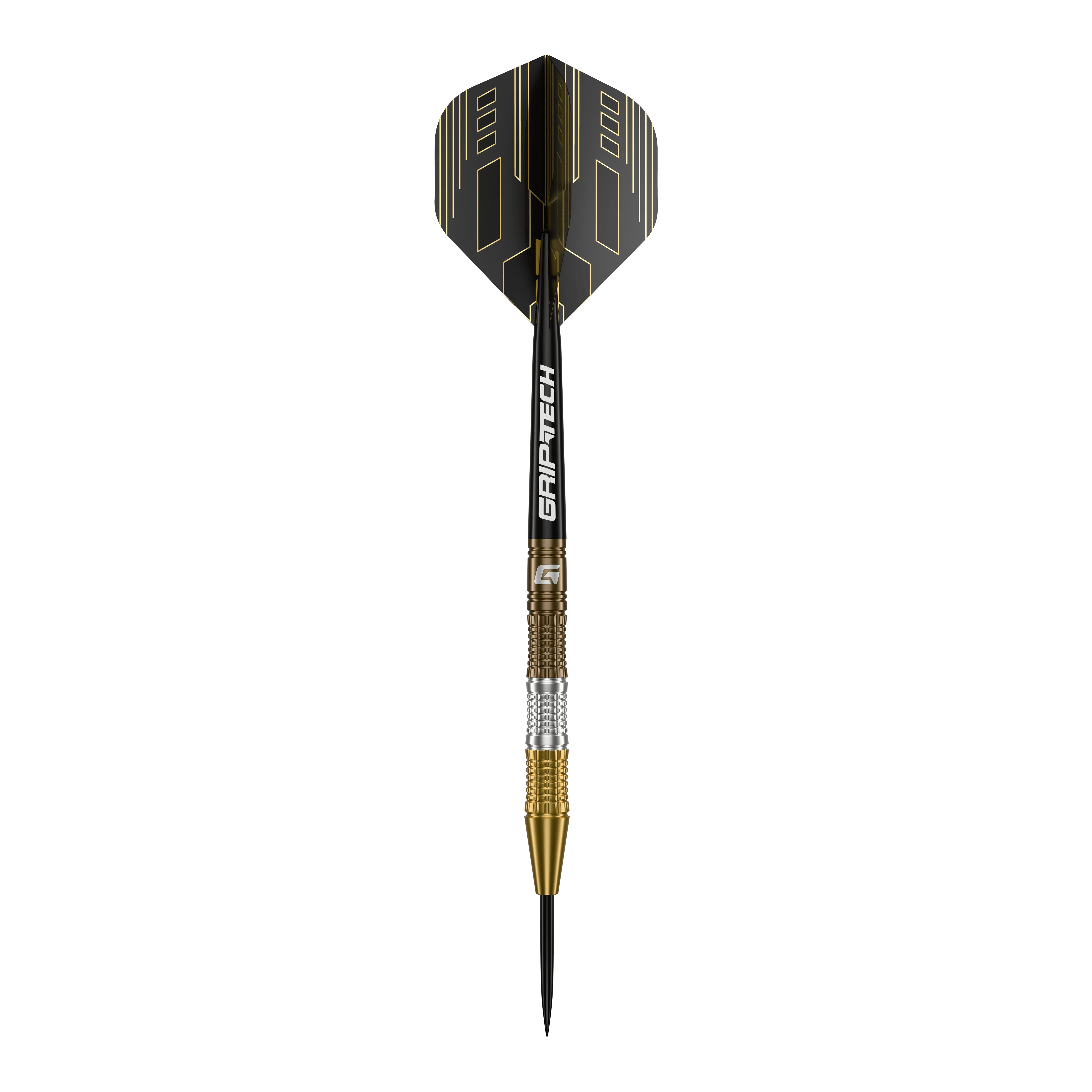 Šipky GOAT Ceremony z wolframové oceli Das Bild zeigt einen GOAT Ceremony Tungsten Steeldart mit einem eleganten Design in Gold, Silber und Schwarz. Auf dem Schaft steht der Schriftzug "GRIP-TECH".