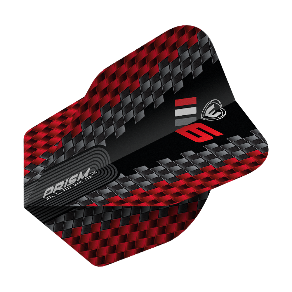 Letky Winmau Prism Alpha Blade 6 Chevron No6 Das Bild zeigt ein Winmau Prism Alpha Blade 6 Chevron No6 Flight für Dartpfeile. Das Flight hat ein rot-schwarzes Karomuster mit silbernen und roten Akzenten.