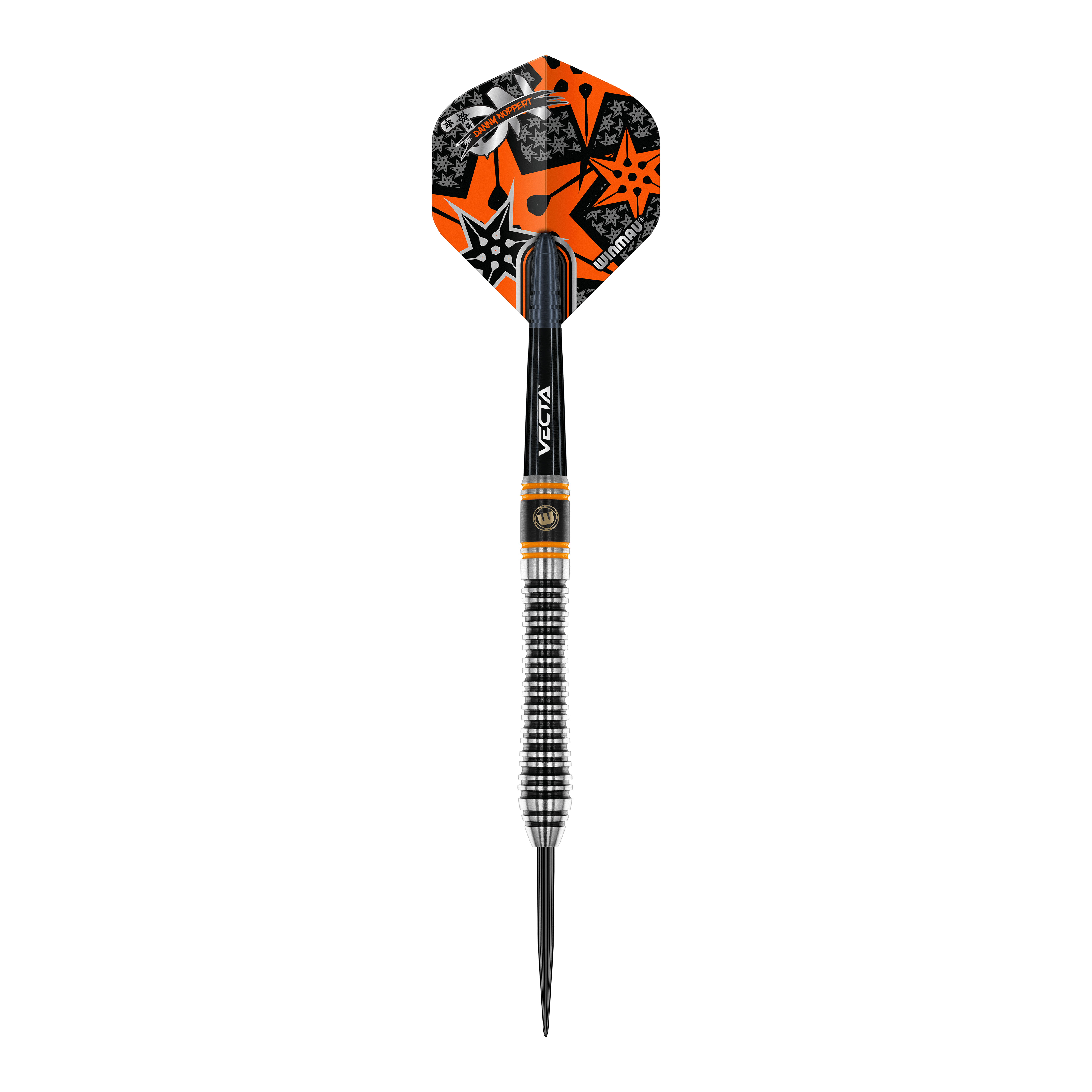 Ocelové šipky Winmau Danny Noppert Signature Edition 2 Dies ist ein Winmau Danny Noppert Signature Edition 2 Steeldart. Der Dart hat ein auffälliges schwarzes, silbernes und orangefarbenes Design mit Sternmotiven auf dem Flight.