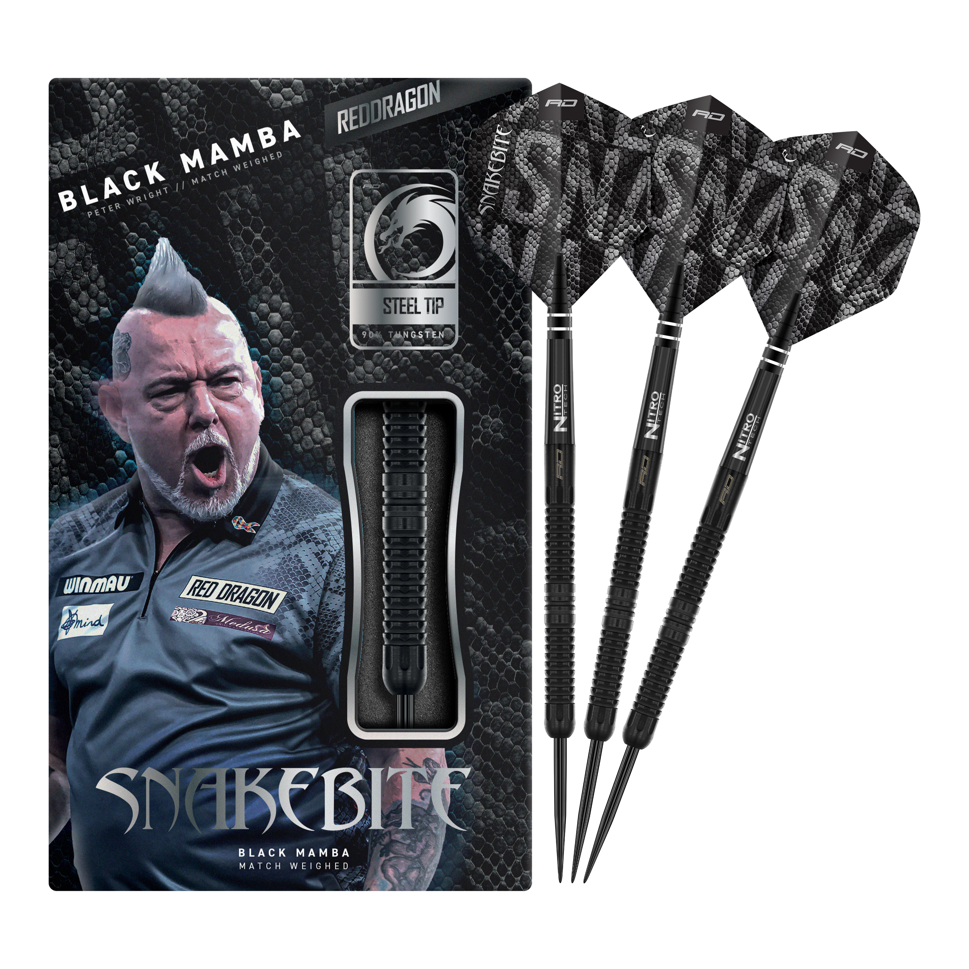 Red Dragon Peter Wright Uštknutí hadem Černá mamba Ocelové šipky Abgebildet ist der Red Dragon Peter Wright Snakebite Black Mamba Steeldart. Das Produkt zeichnet sich durch sein schwarzes Design und hochwertige Verarbeitung aus.