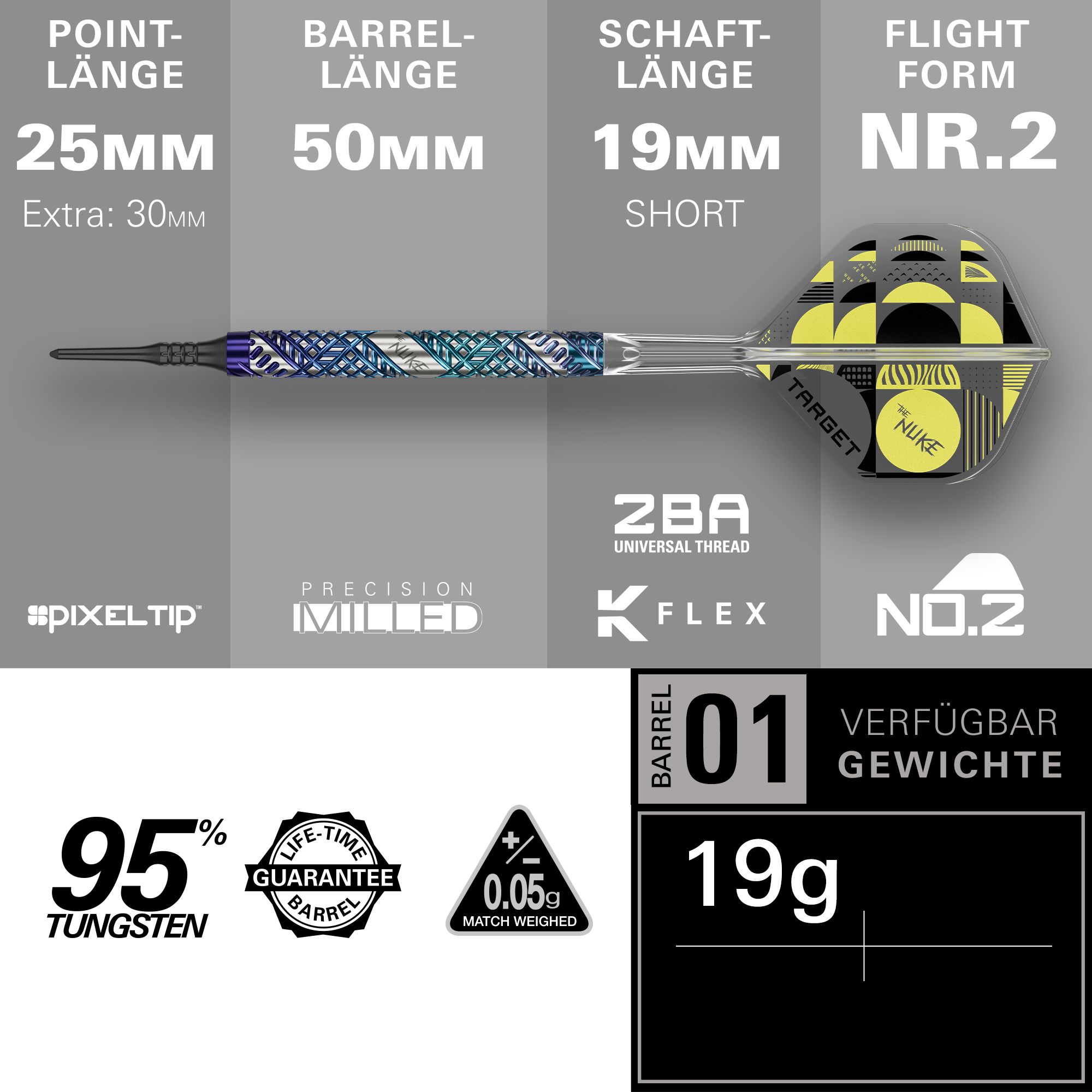 Šipky Target Luke Littler Edge Soft - 19g Abgebildet sind die Target Luke Littler Edge Softdarts - 19g. Die Darts liegen auf einer glatten Oberfläche und sind aus der Nähe zu sehen.