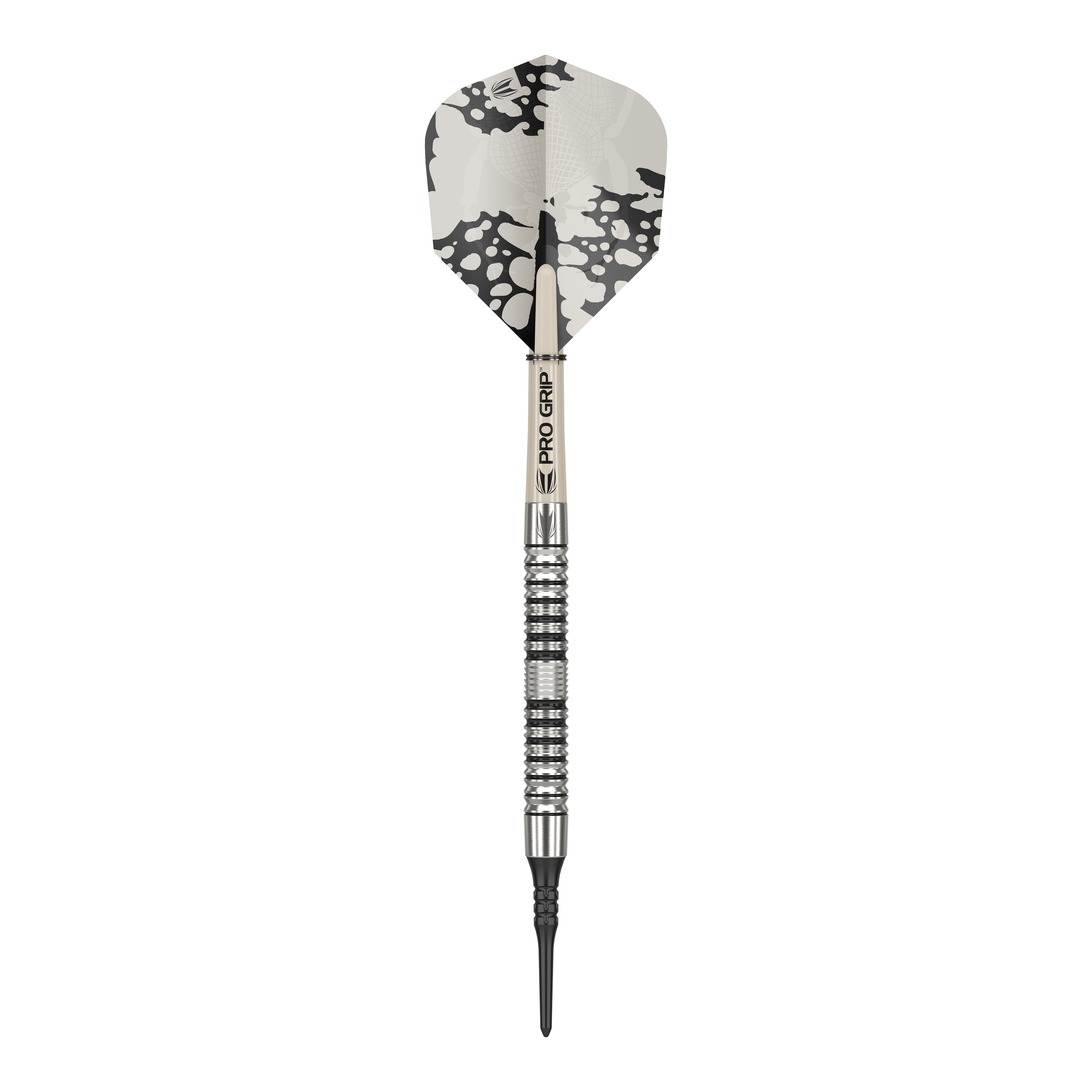 Měkké šipky Target EXO 10 Das Bild zeigt einen Target EXO 10 Softdart. Der Dart hat ein silbernes und schwarzes Design mit einem gemusterten Flight.
