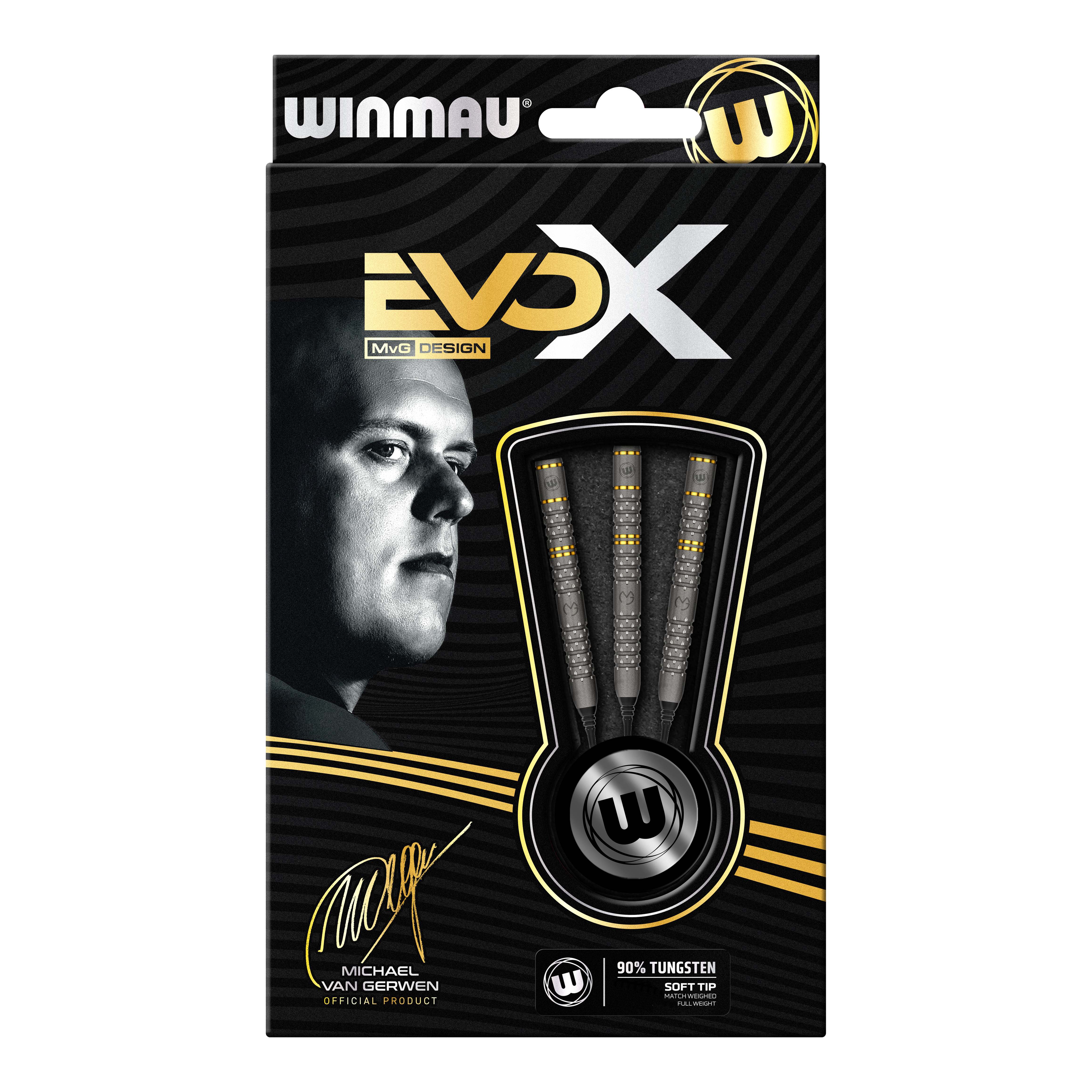Winmau Michael Van Gerwen Evo-X Softdarts - 20g Die Abbildung zeigt die Verpackung der "Winmau Michael Van Gerwen Evo-X Softdarts - 20g". Auf der Vorderseite sind drei Softdarts sowie ein Porträt von Michael Van Gerwen zu sehen.