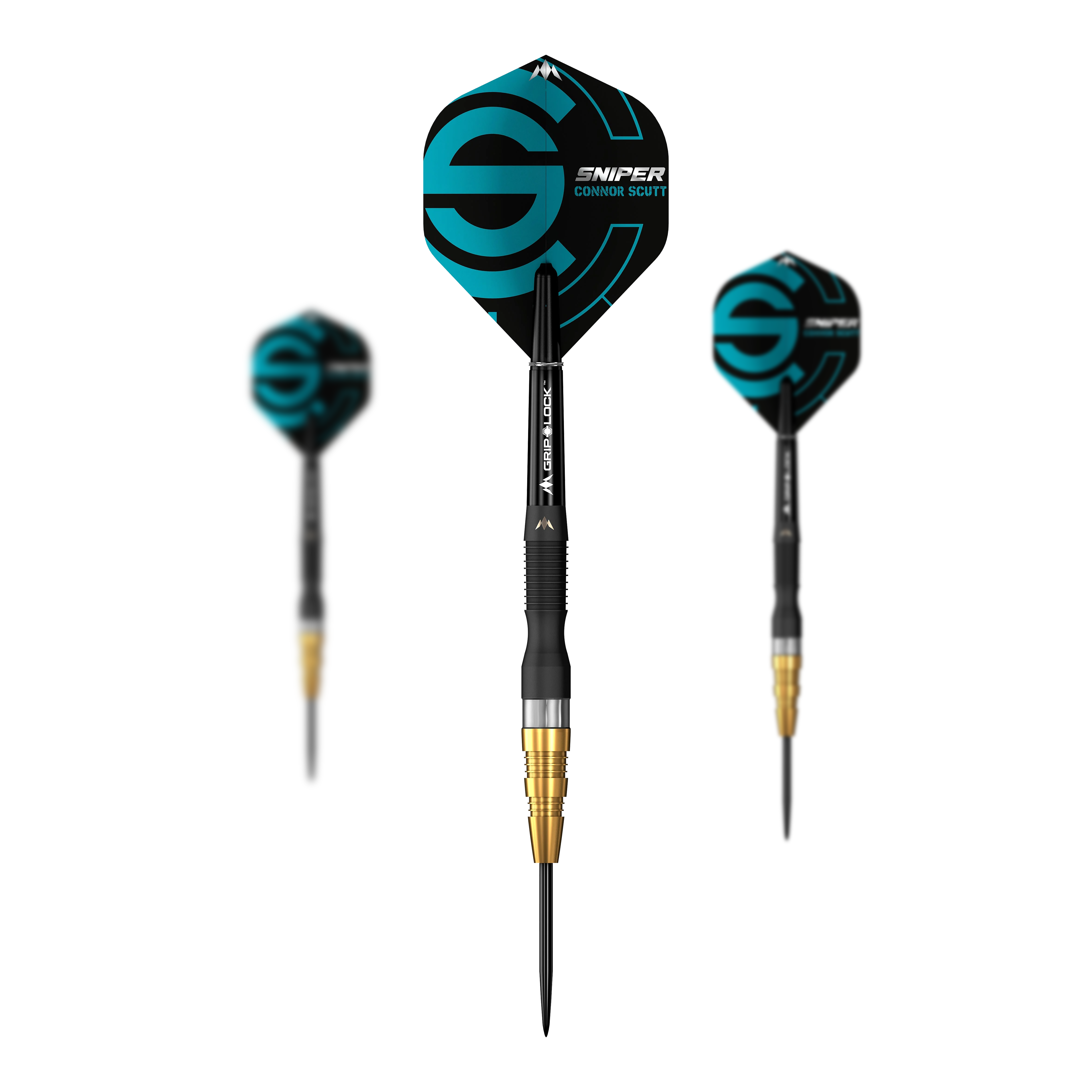 Das Bild zeigt drei Steeldarts des Modells "Mission Connor Scutt Sniper Black Gold". Die Darts haben schwarze und goldene Spitzen sowie Flights mit blauem Design und der Aufschrift "Sniper Connor Scutt".