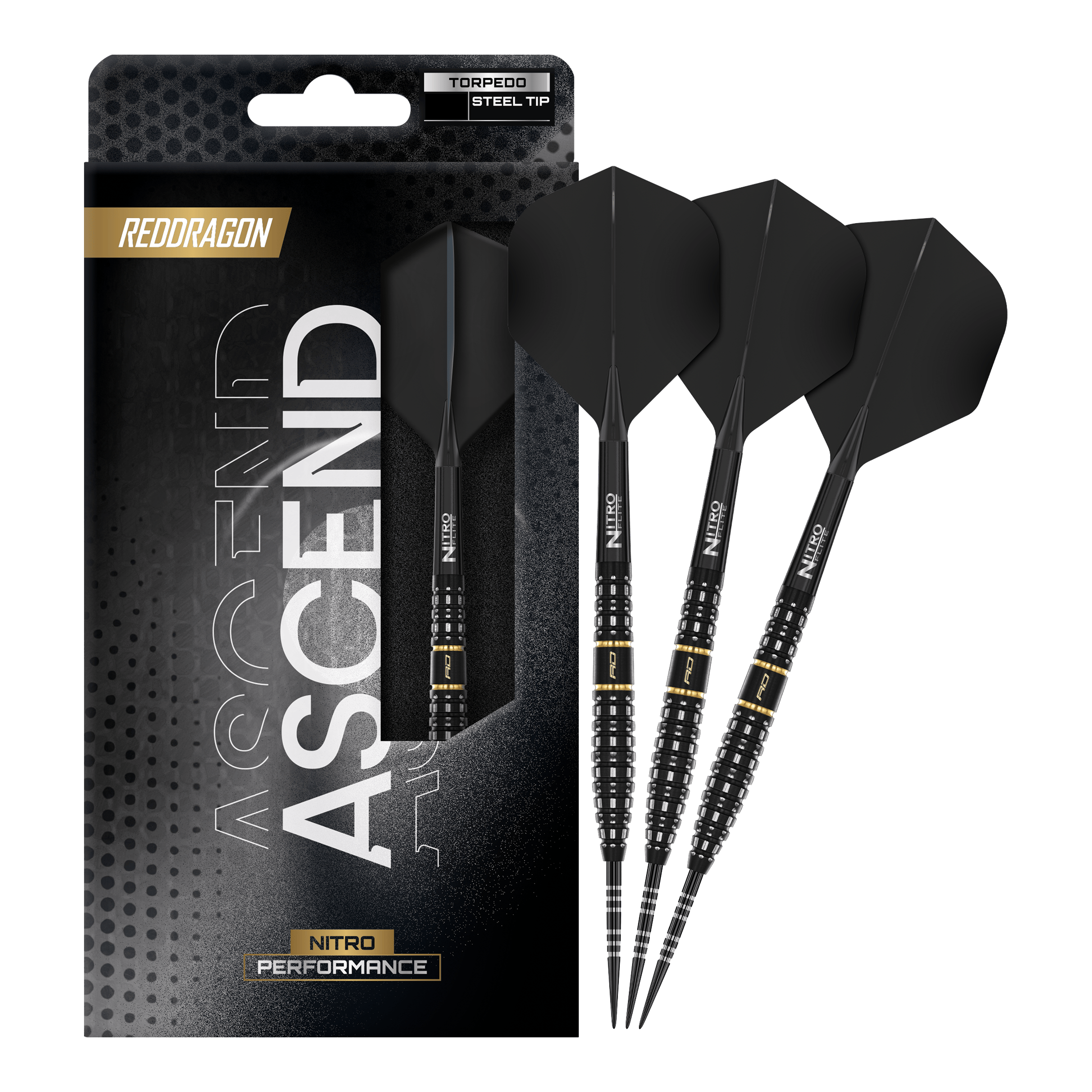 Šipky Red Dragon Ascend Torpedo Steel Zu sehen ist das komplette Set der Red Dragon Ascend Torpedo Steeldarts. Die Aufnahme zeigt alle enthaltenen Komponenten des Produkts.