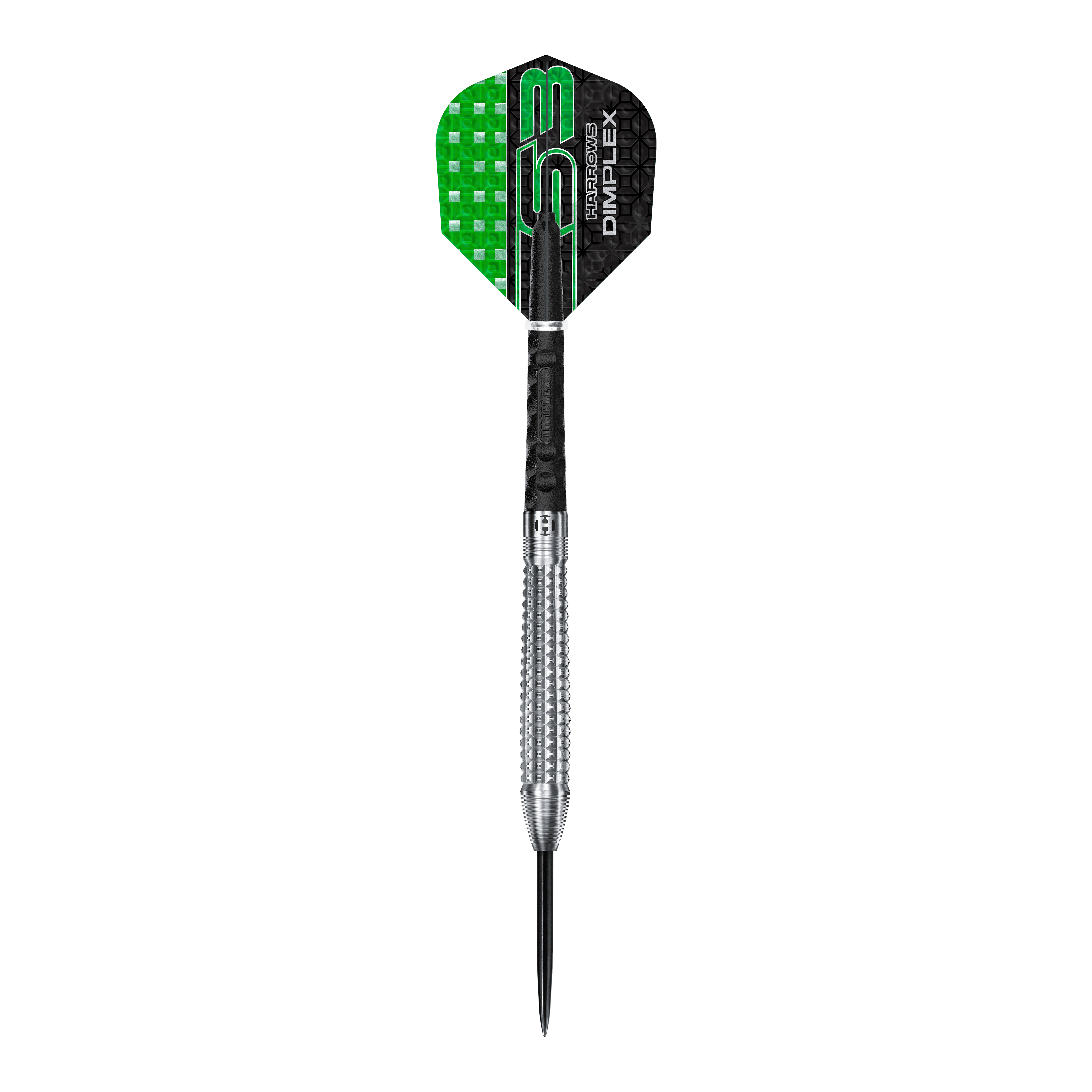 Šipky Harrows Dimplex S3 Tapered Steel Auf dem Bild ist ein Harrows Dimplex S3 Tapered Steeldart zu sehen. Der Dartpfeil hat eine silberne, geriffelte Spitze und grün-schwarze Flights.