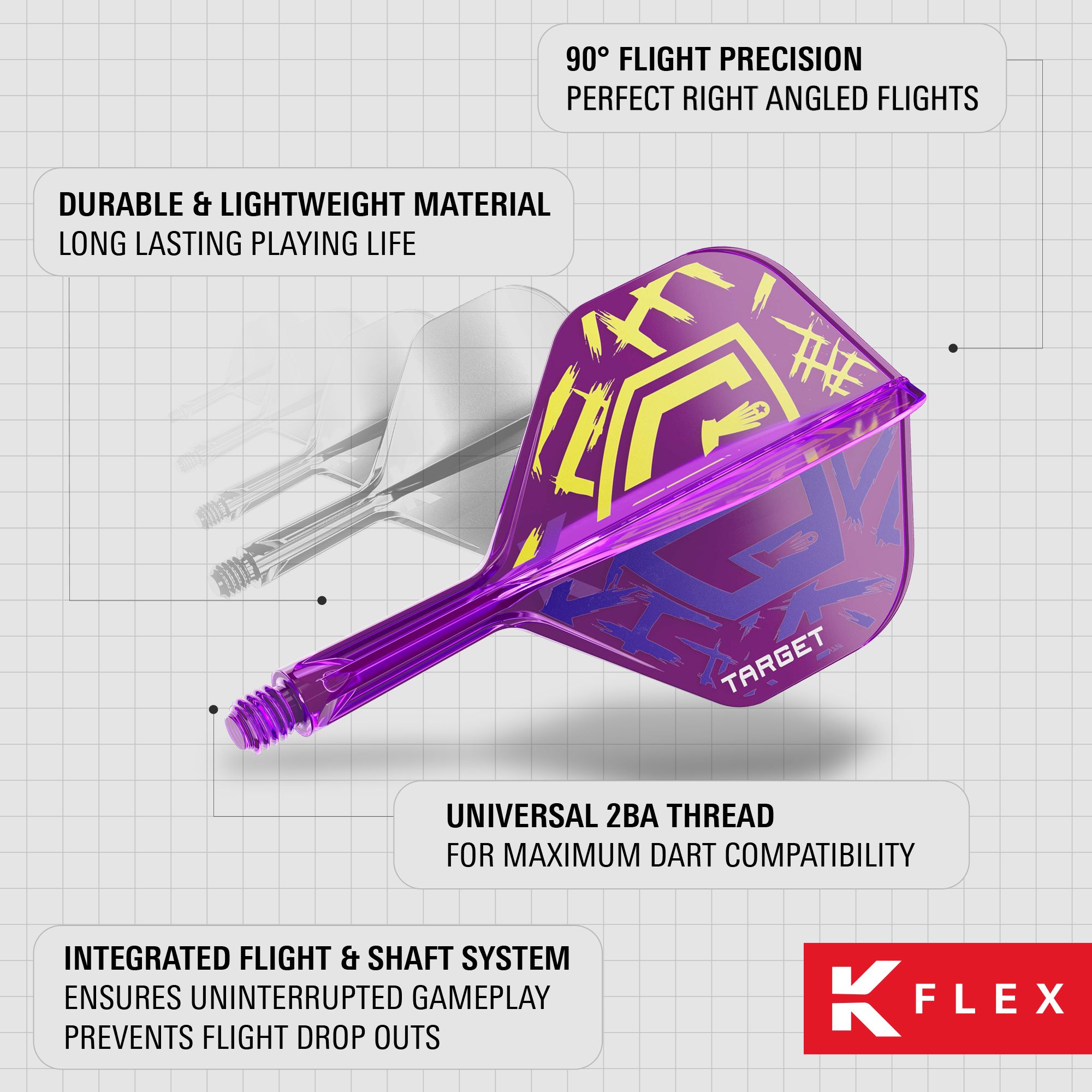Das Bild zeigt die Target K-Flex Luke Littler World Champion 2025 No6 Flights in auffälligem lila Design. Die Dartflüge sind langlebig, leicht und bieten eine präzise 90°-Ausrichtung sowie ein integriertes System für unterbrechungsfreies Spielen.