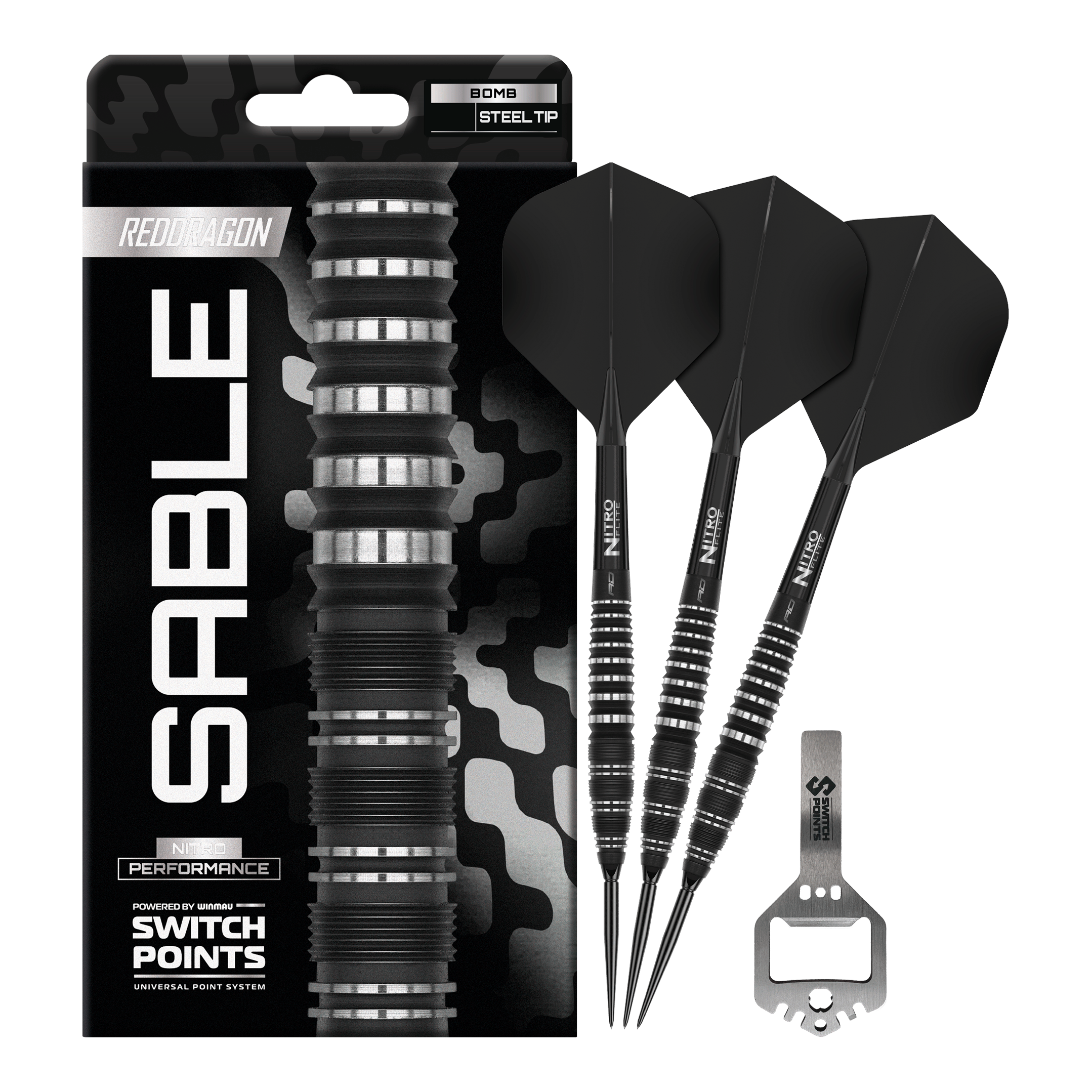 Das Bild zeigt Red Dragon Sable Bomb Switch Point Steeldarts in voller Ansicht. Diese Darts bieten eine ausgezeichnete Balance und Kontrolle.