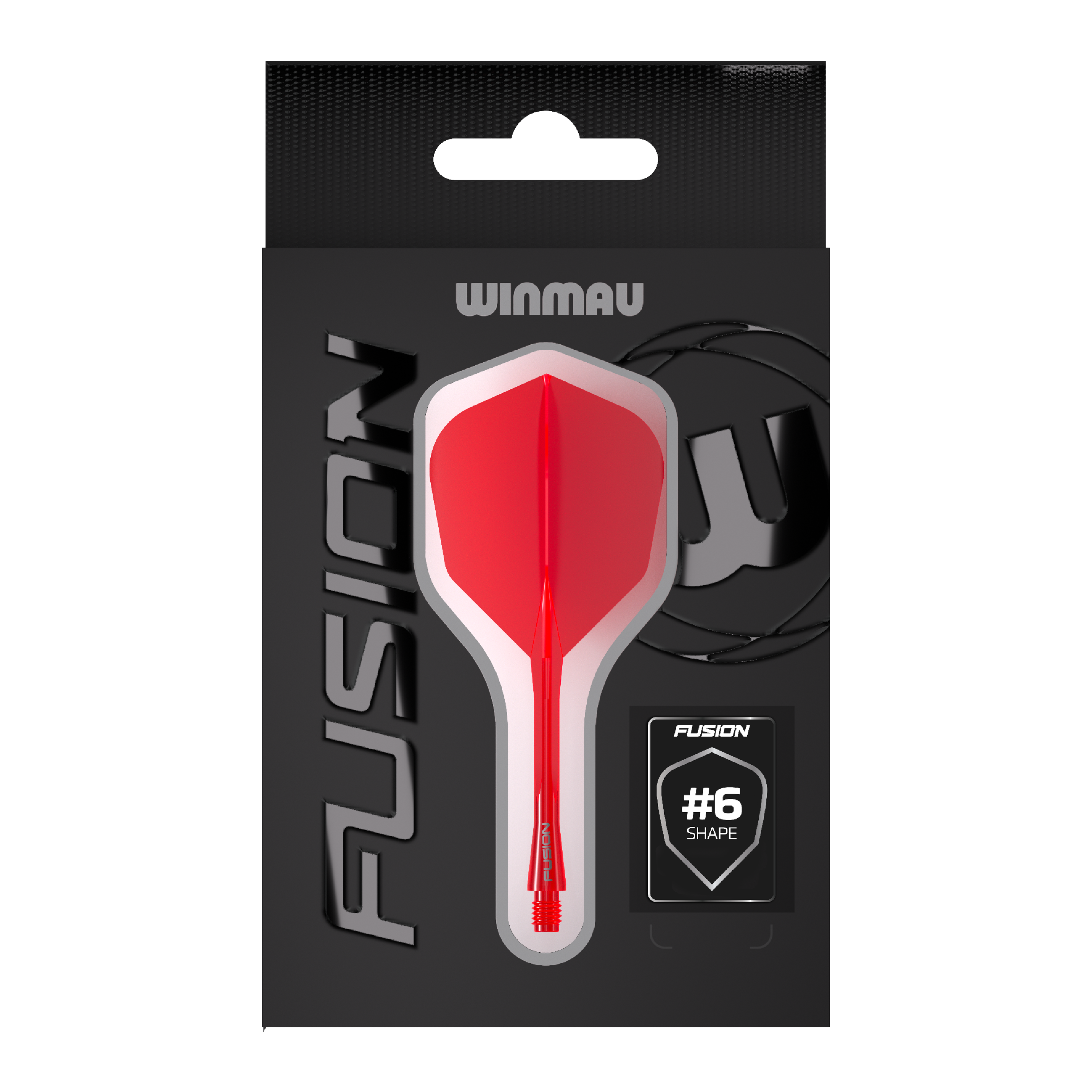 Hier ist das Winmau Fusion Flight-Shaft-System No6 in Rot abgebildet. Dieses Produkt ist ideal für Dartspieler geeignet.