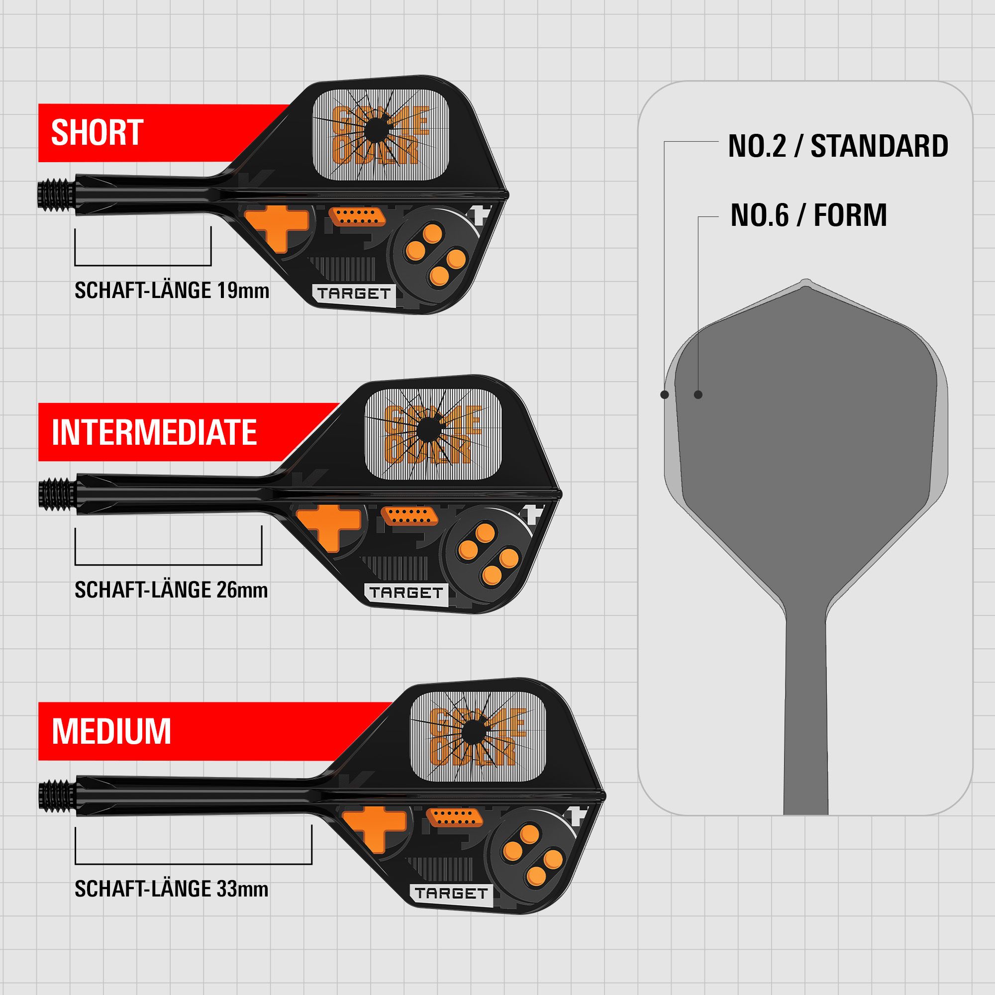 Letky Target K-Flex Game Over č. 6 Das Bild stellt die Target K-Flex Game Over No6 Flights dar. Diese Flights sind speziell für Darts entwickelt.