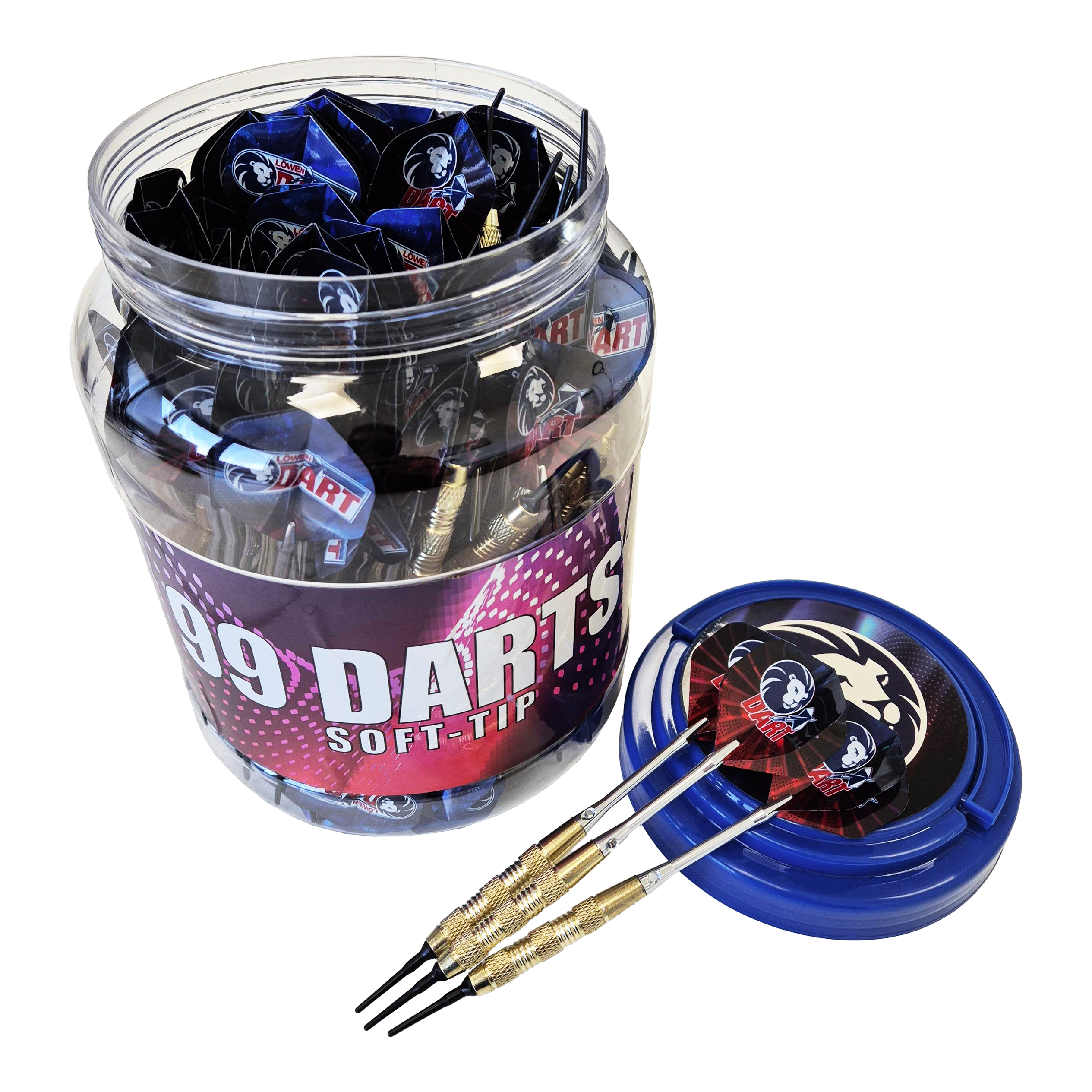 99 šipek Löwen Soft-Tip – 18g Das Bild zeigt eine große Dose mit der Aufschrift „99 DARTS SOFT-TIP“, die viele Soft-Tip-Darts enthält. Drei der 18g Darts liegen auf dem blauen Deckel neben der Dose.