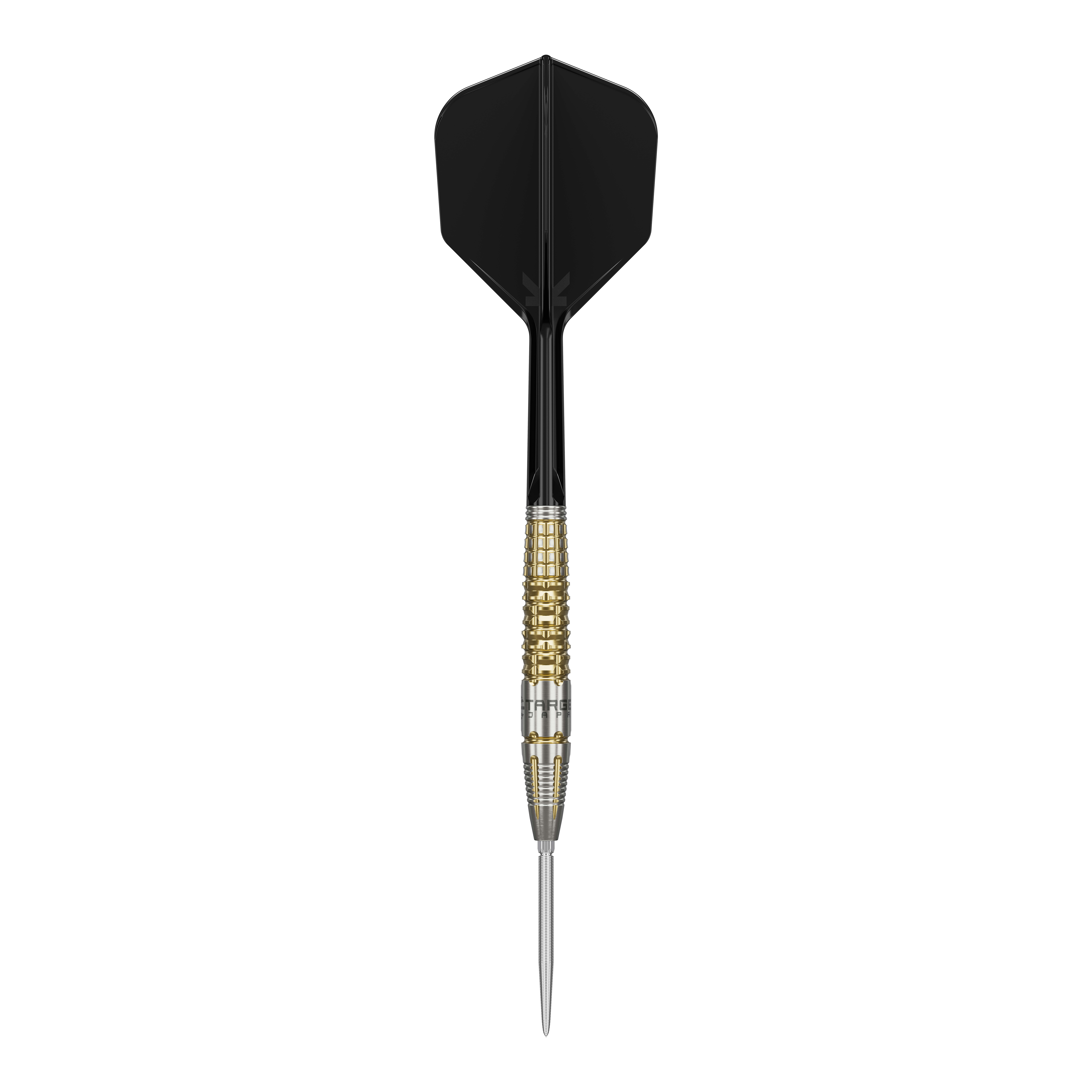Das Bild zeigt einen Target Black Marque Warrior Swiss Point Steeldart. Der Dart hat eine schwarze Flight, einen gold-silbernen Griffbereich und eine spitze Stahlspitze.